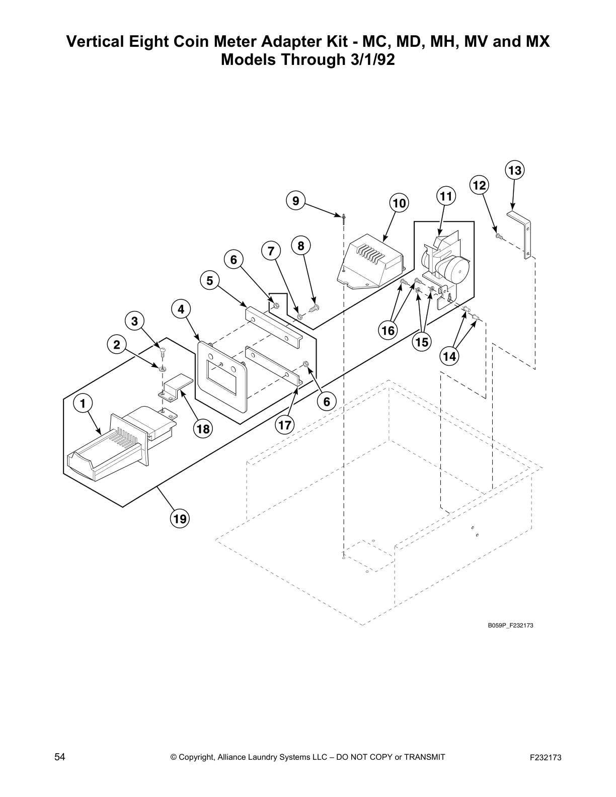 Vertical Eight Coin Meter Adapter Kit - MC, MD, MH, MV and MX 
Models Through 3/1/92