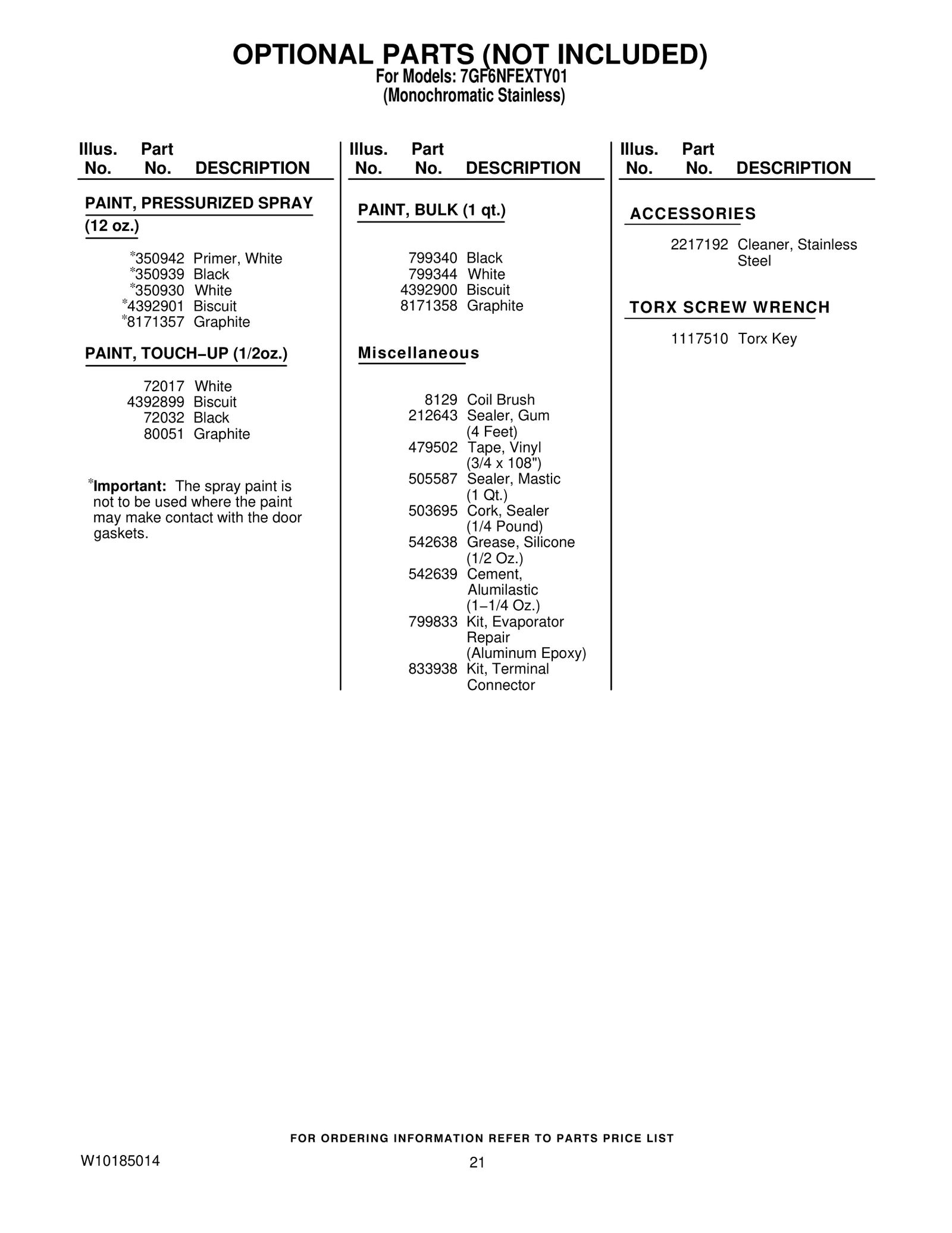 OPTIONAL PARTS (NOT INCLUDED)