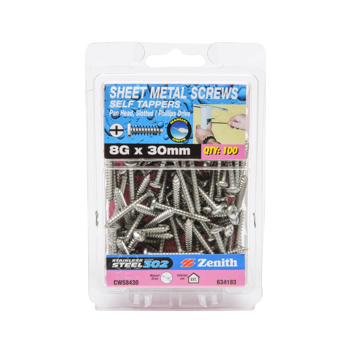 ZENITH® 8G x 30mm 304 Stainless Steel, Self Tapping, Combination Drive, Sheet Metal Screws – External Use – 100 Pack