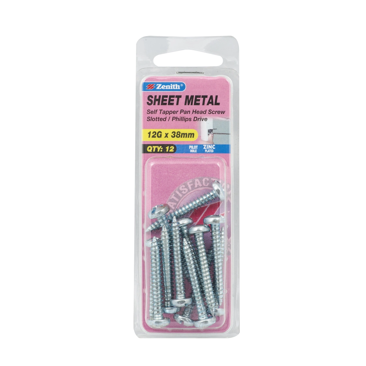 ZENITH® 12G x 38mm Zinc Plated, Self Tapping, Combination Drive, Sheet Metal Screws – Internal Use – 12 Pack