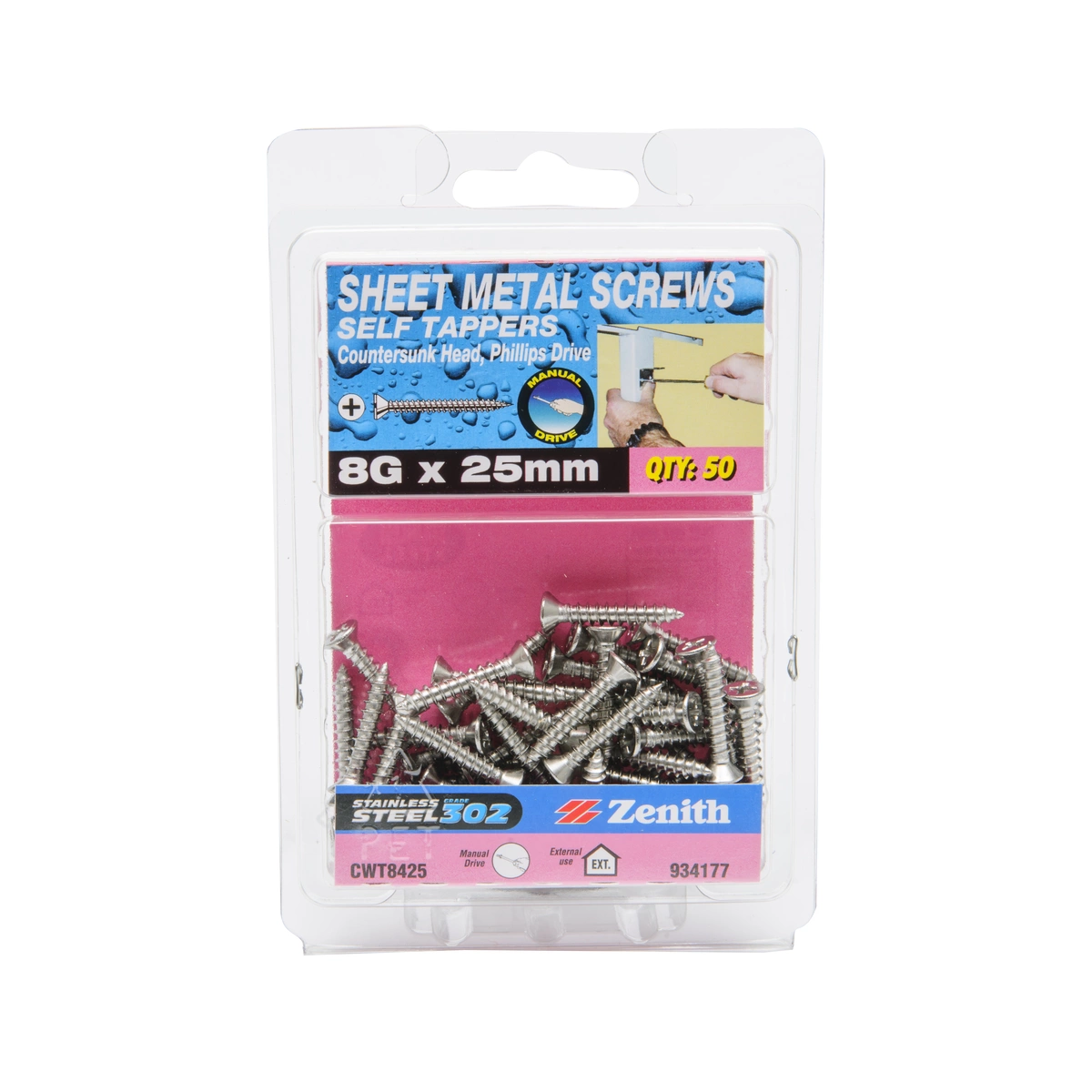 ZENITH® 8G x 25mm 304 Stainless Steel, Self Tapping, Phillips Drive, Sheet Metal Screws – External Use – 50 Pack