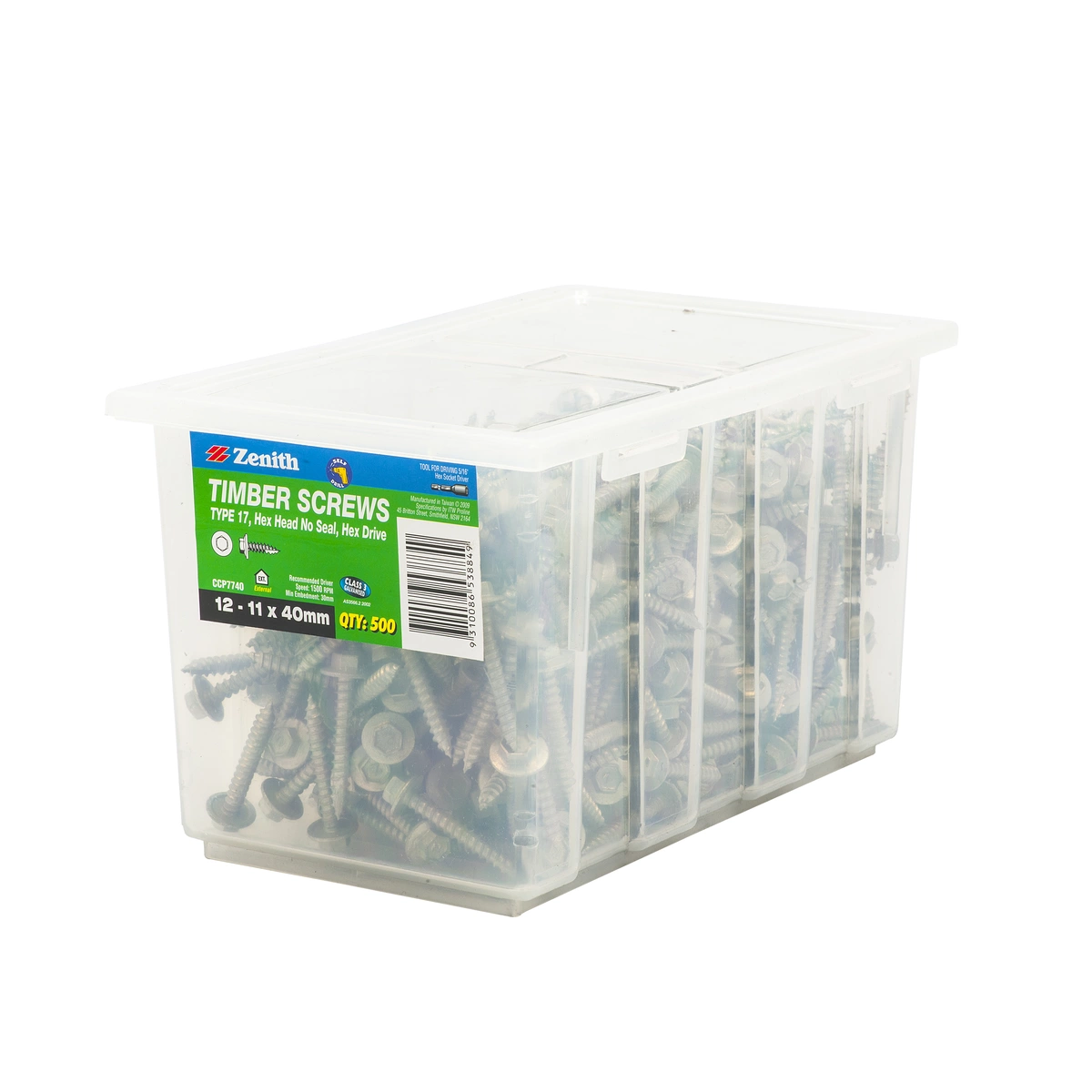ZENITH® 12G x 40mm Class 3 Galvanised, External Hex Drive, Timber Screws – External Use – 500 Pack