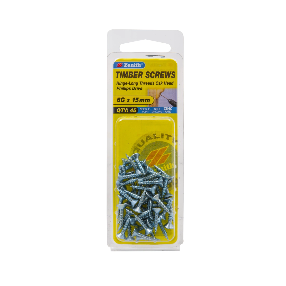 ZENITH® 6G x 16mm Zinc Plated, Phillips Drive, Timber Screws – Internal Use – 45 Pack