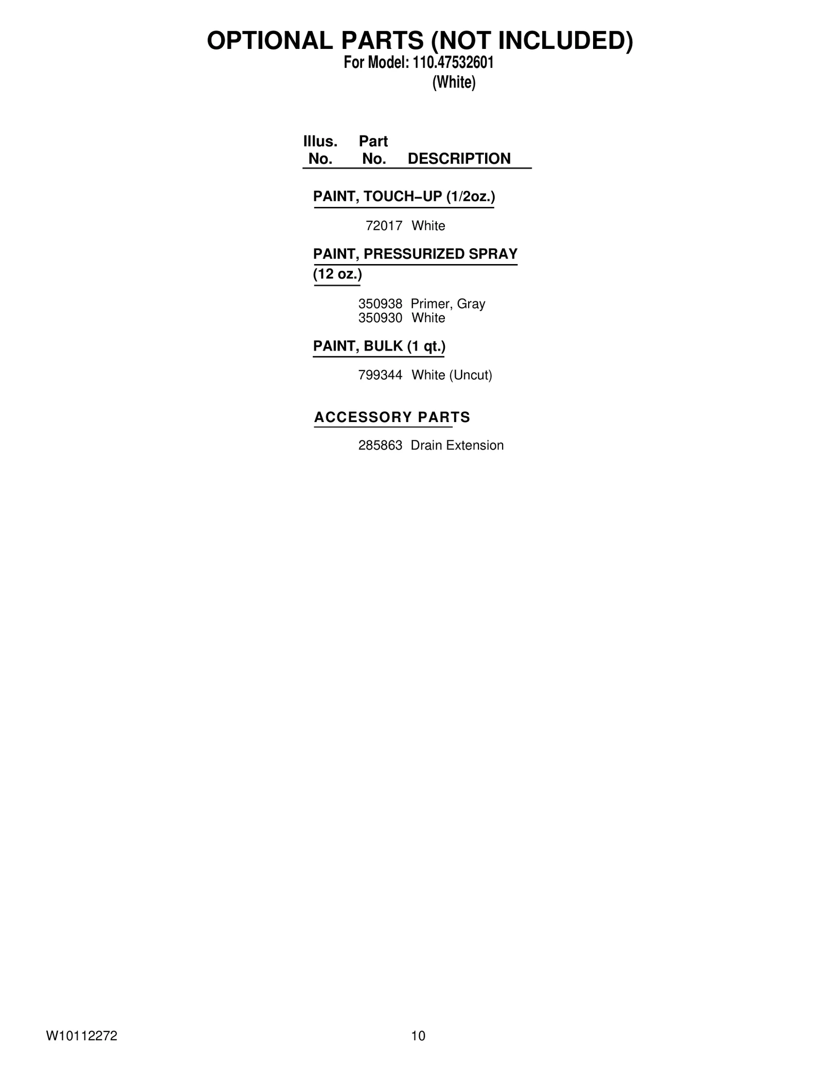 OPTIONAL PARTS (NOT INCLUDED)