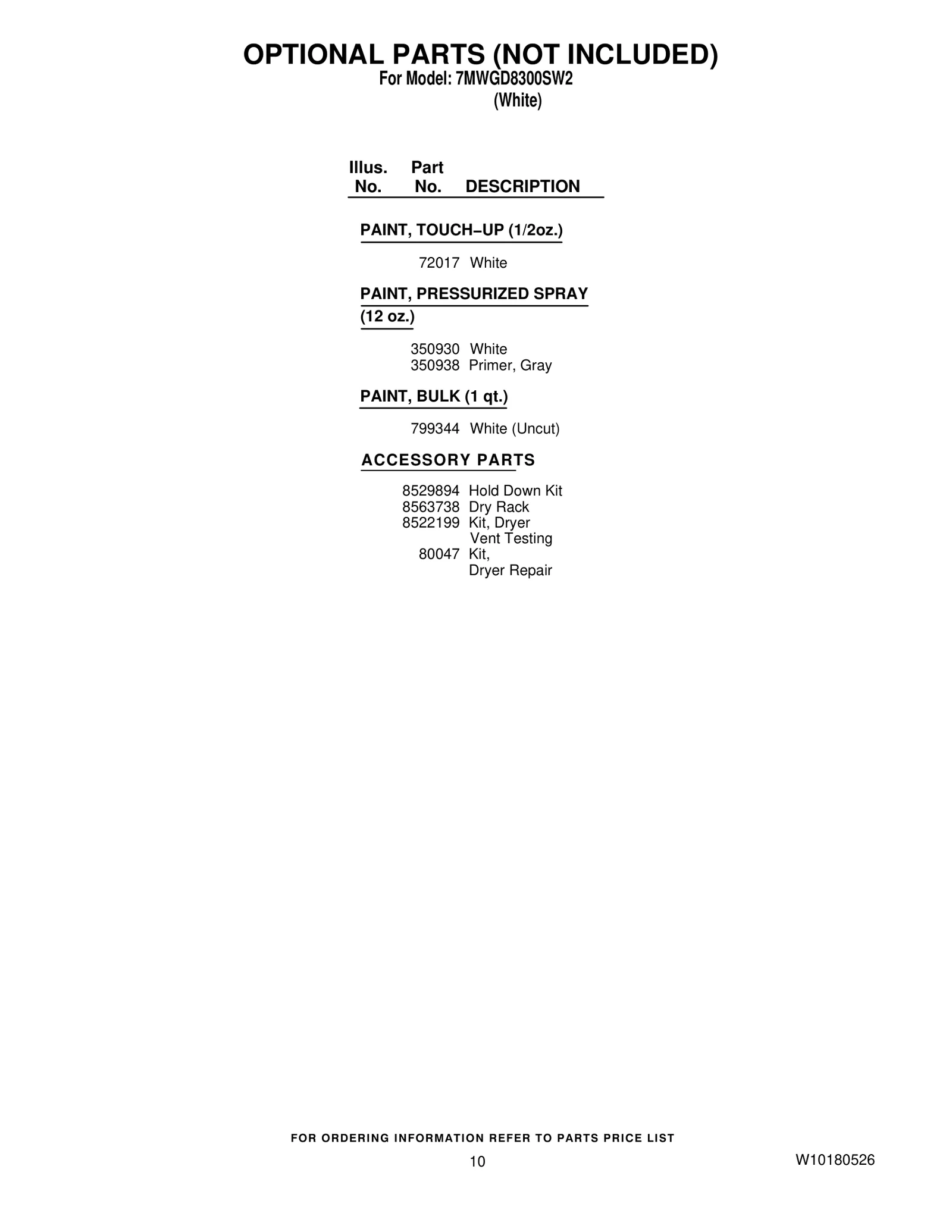 OPTIONAL PARTS (NOT INCLUDED)