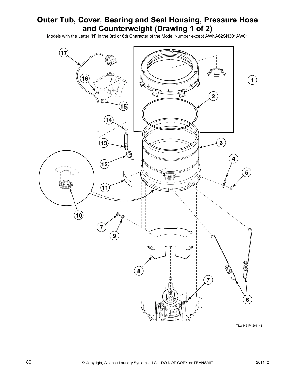 Outer Tub, Cover, Bearing and Seal Housing, Pressure Hose
and Counterweight (Drawing 1 of 2)