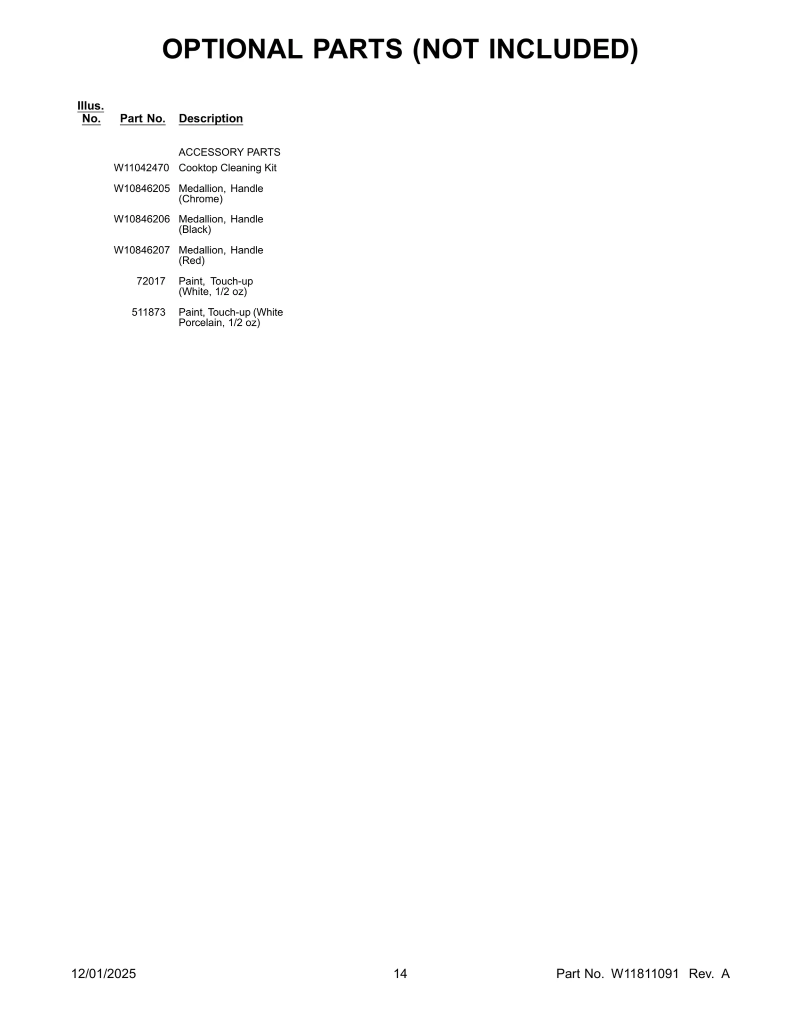 OPTIONAL PARTS (NOT INCLUDED)