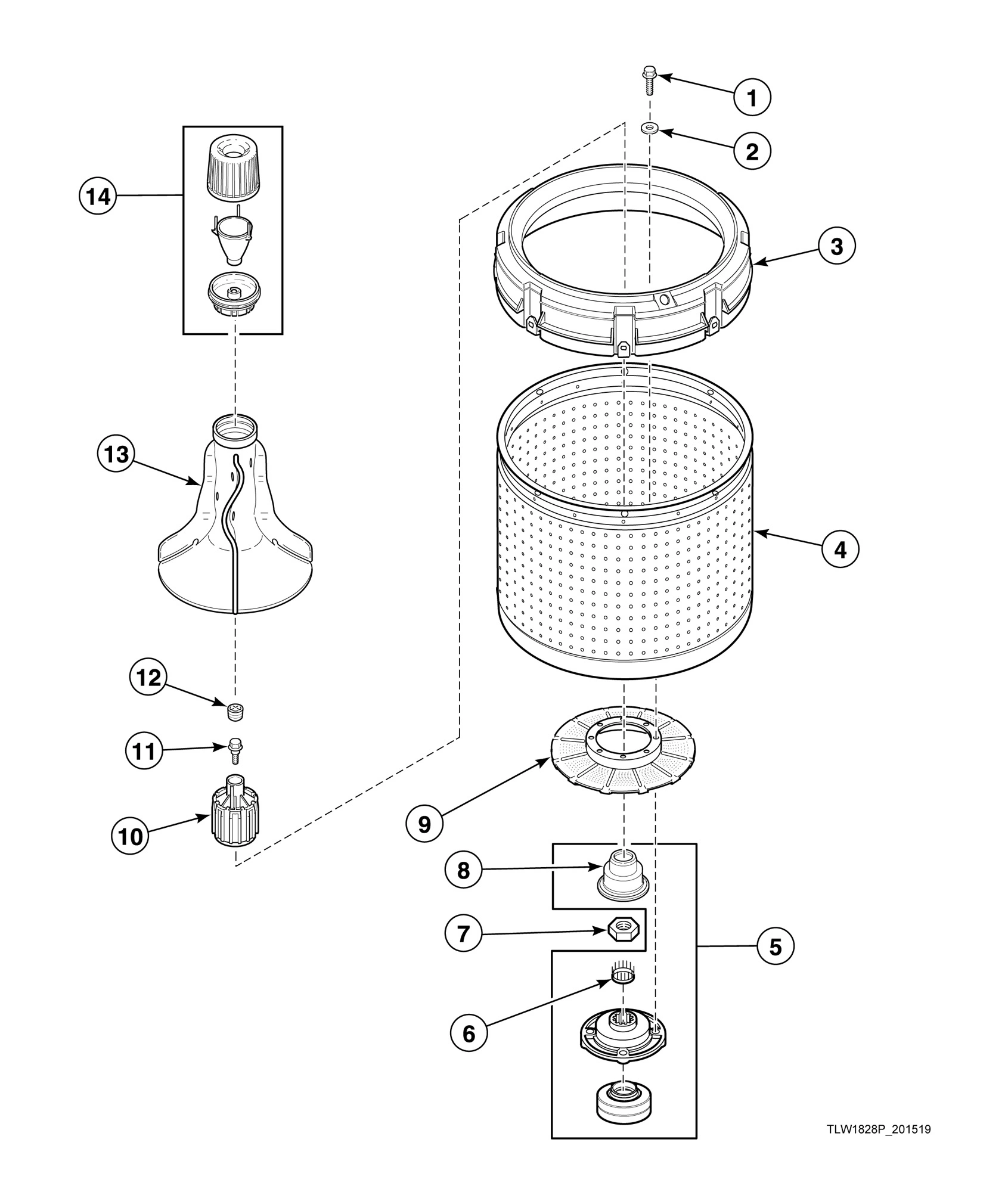 Agitator, Fabric Softener Dispenser, Drive Bell, Hub and Lip Seal Kit and Washtub