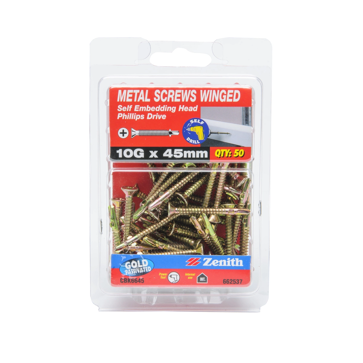 ZENITH® 10G x 45mm Gold Passivated, Self Drilling, Phillips Drive, Metal Screws – Internal Use – 50 Pack
