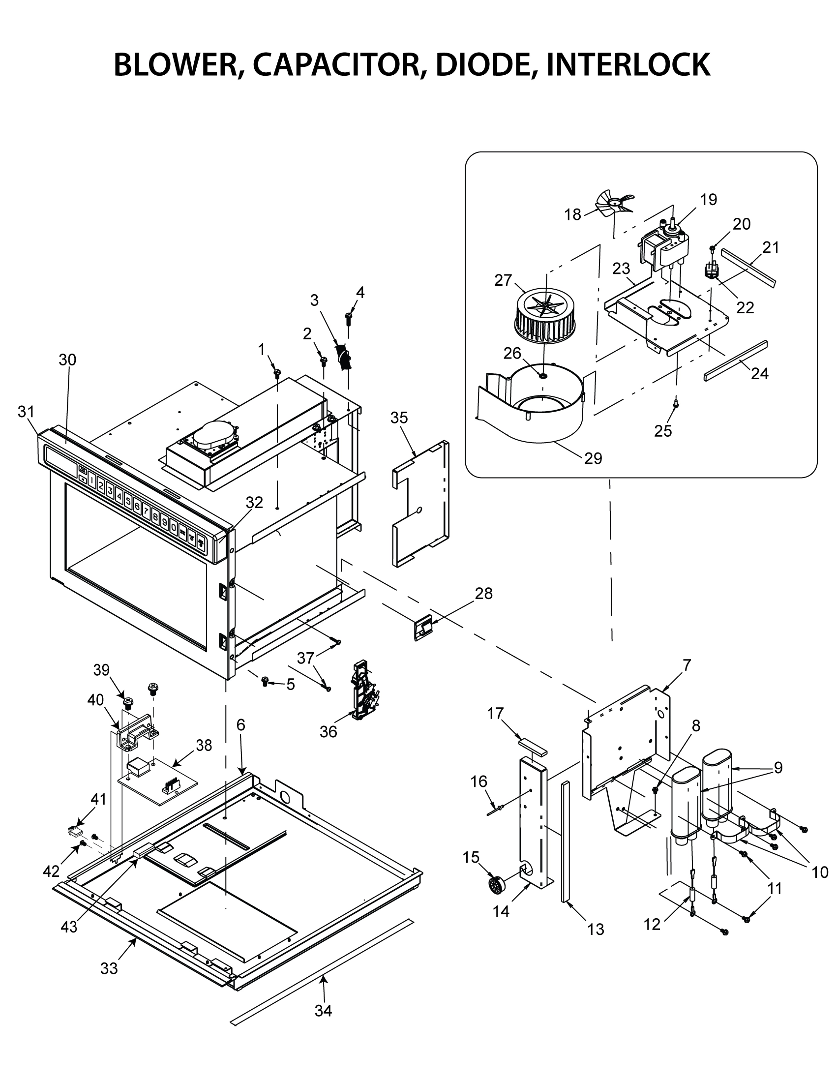 BLOWER, CAPACITOR, DIODE, INTERLOCK
