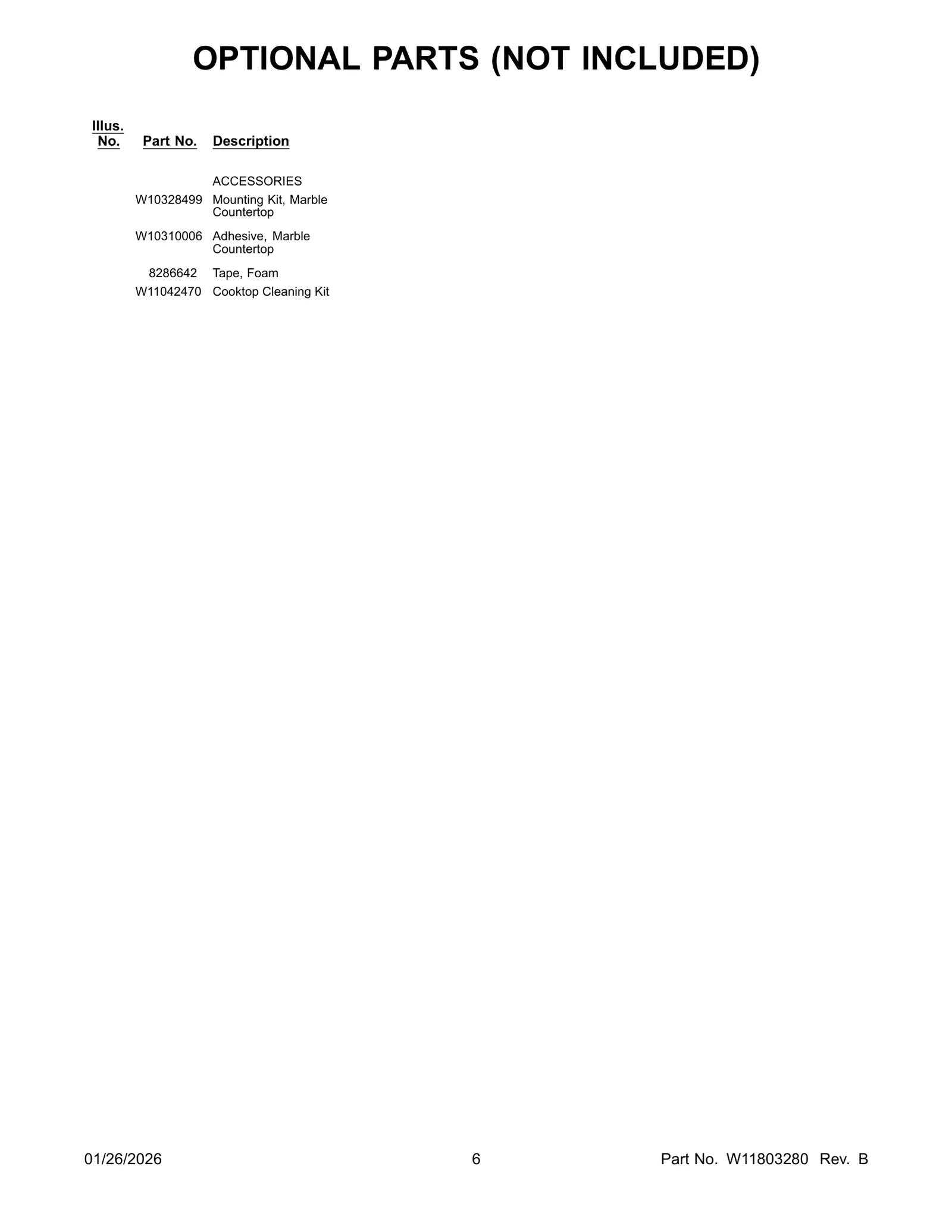 OPTIONAL PARTS (NOT INCLUDED)