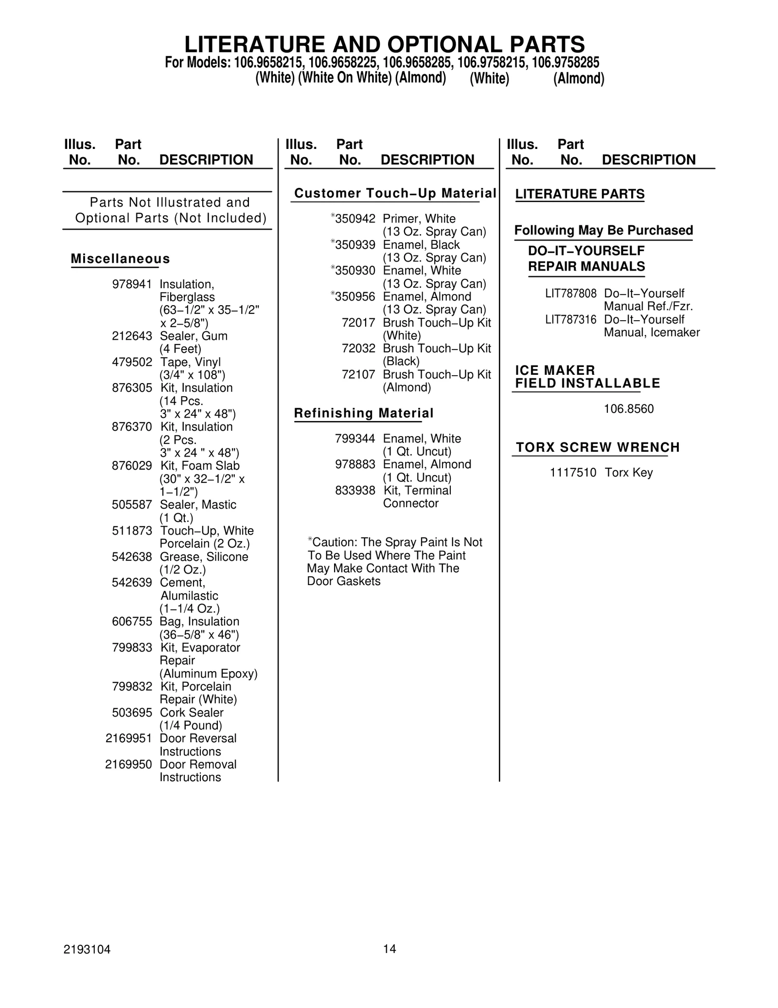 LITERATURE AND OPTIONAL PARTS