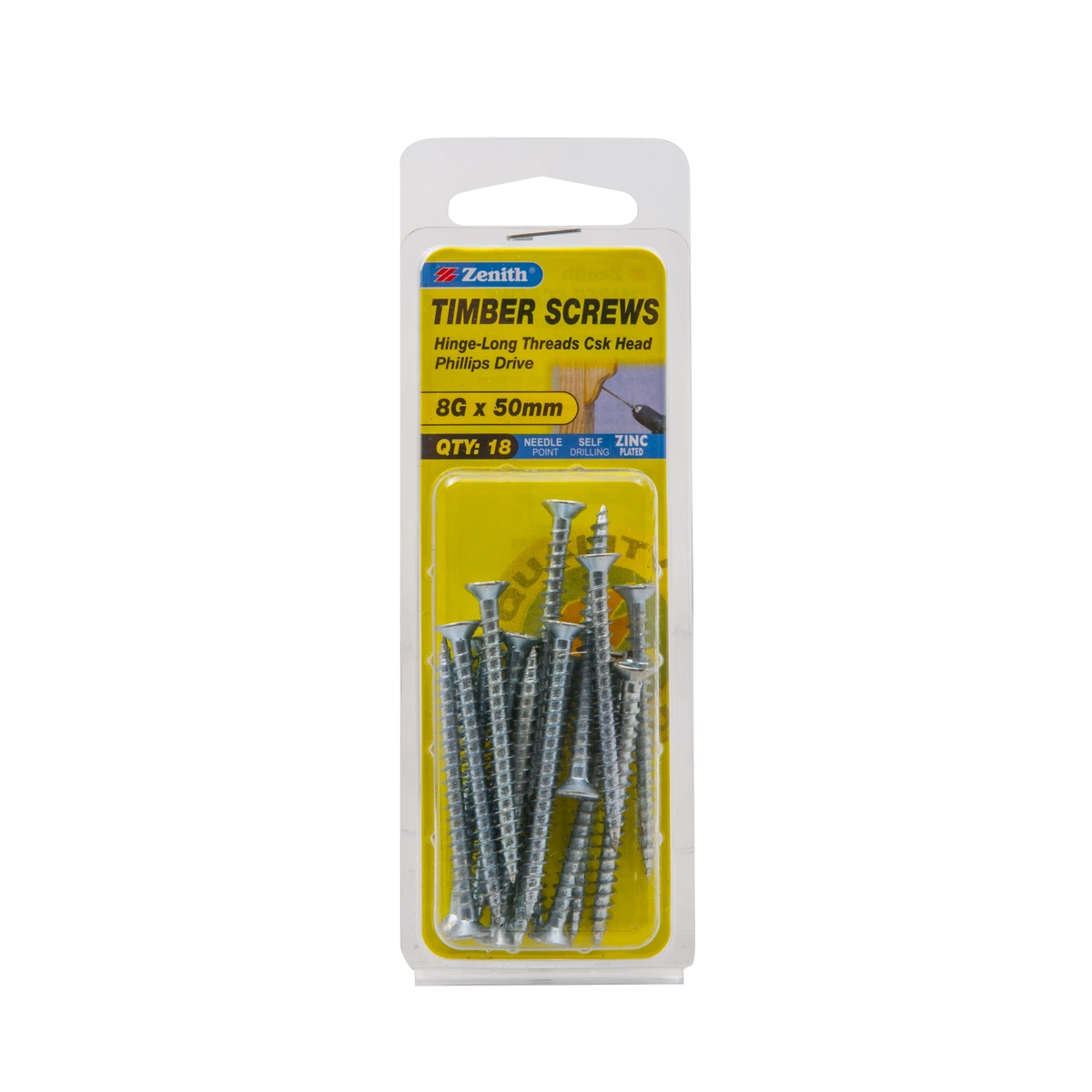 ZENITH® 8G x 50mm Zinc Plated, Phillips Drive, Timber Screws – Internal Use – 18 Pack