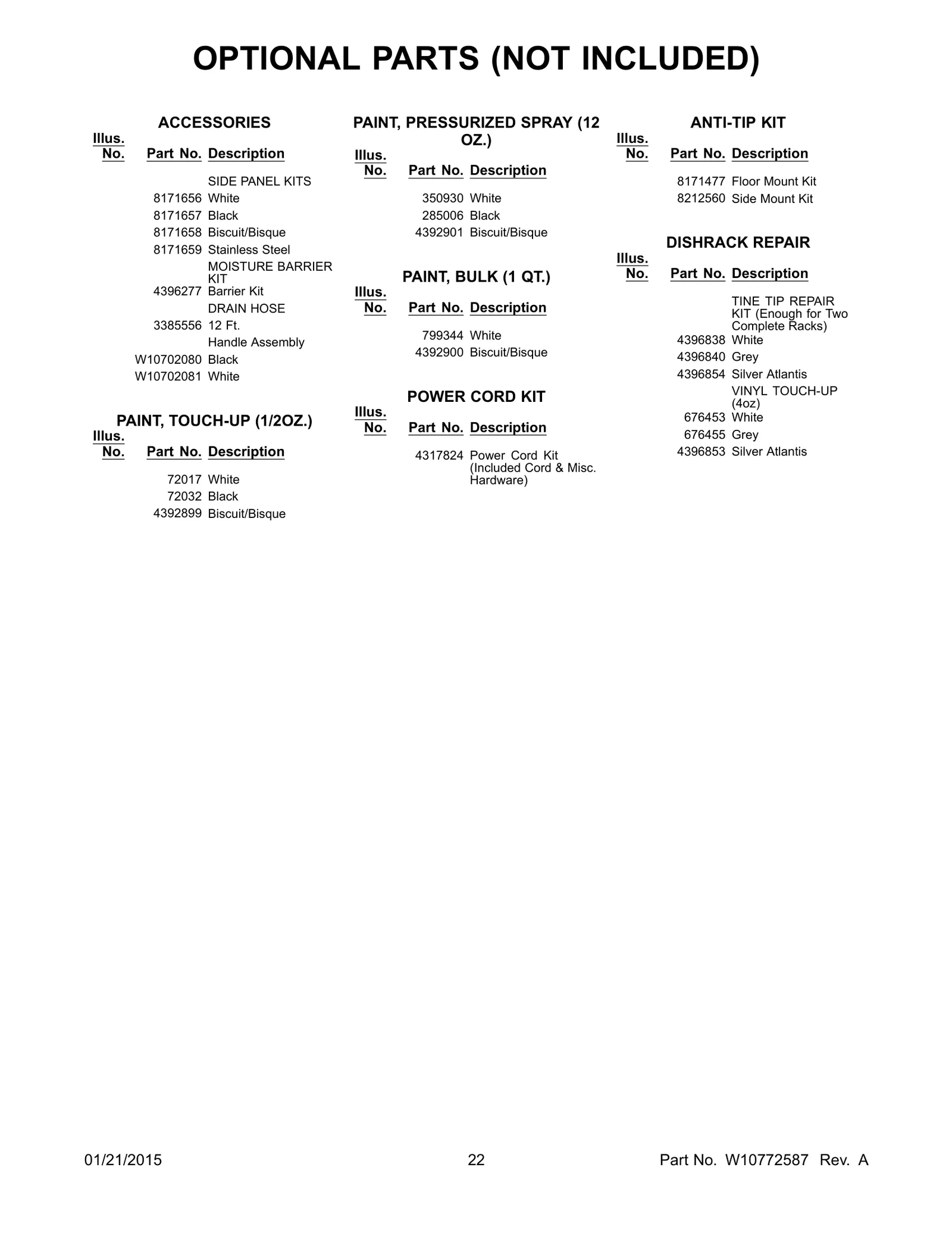 OPTIONAL PARTS (NOT INCLUDED)