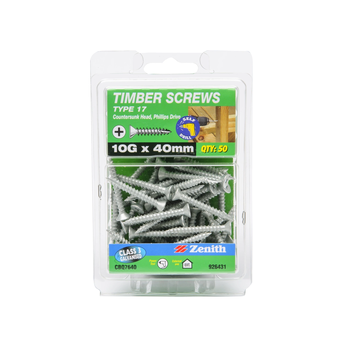 ZENITH® 10G x 40mm Class 3 Galvanised, Phillips Drive, Timber Screws – External Use – 50 Pack