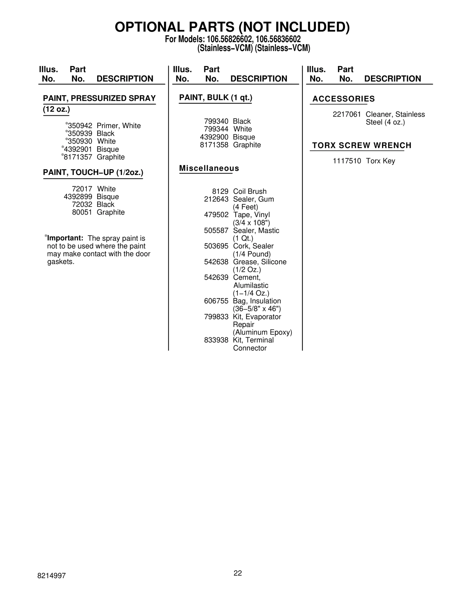 OPTIONAL PARTS (NOT INCLUDED)