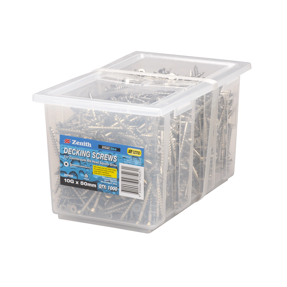 ZENITH® 10G x 50mm 304 Stainless Steel, Square Drive, Decking Screws – External Use – 1000 Pack