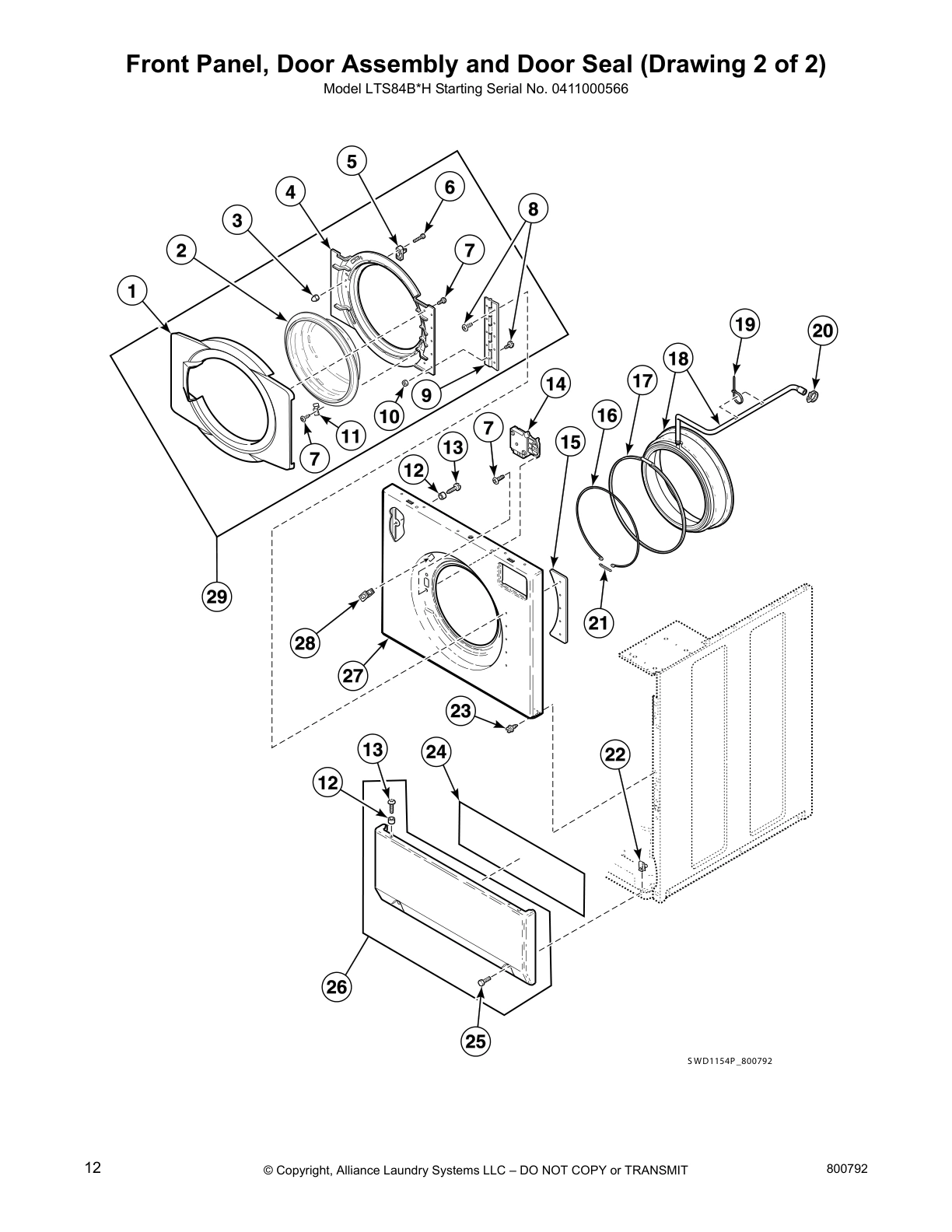 Front Panel, Door Assembly and Door Seal (Drawing 2 of 2)
