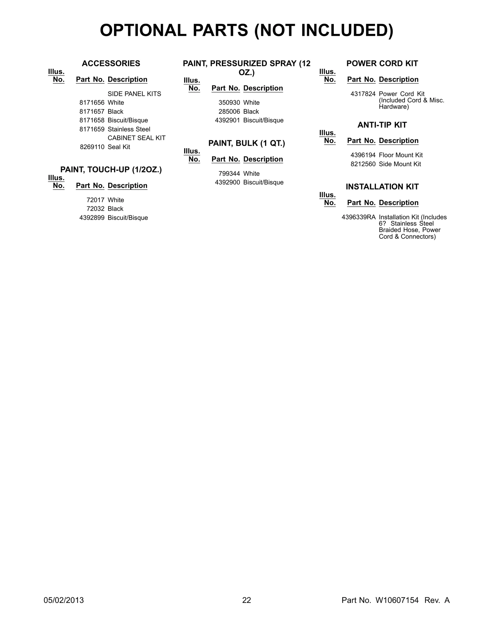 OPTIONAL PARTS (NOT INCLUDED)