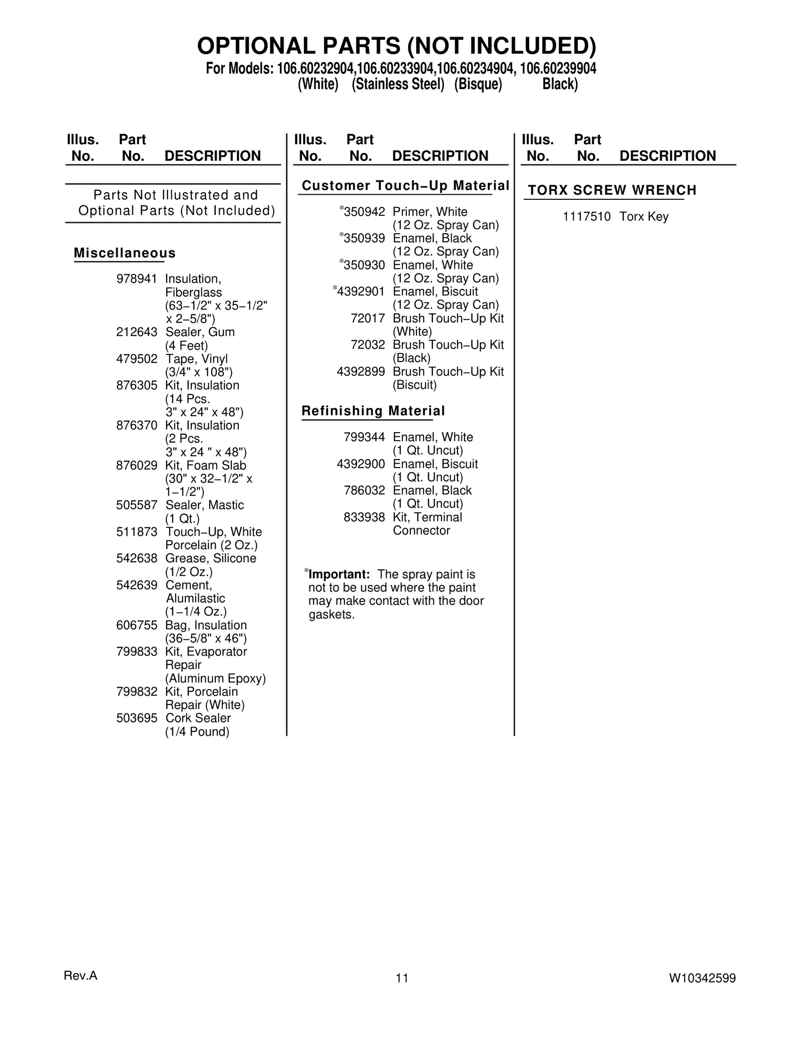 OPTIONAL PARTS (NOT INCLUDED)