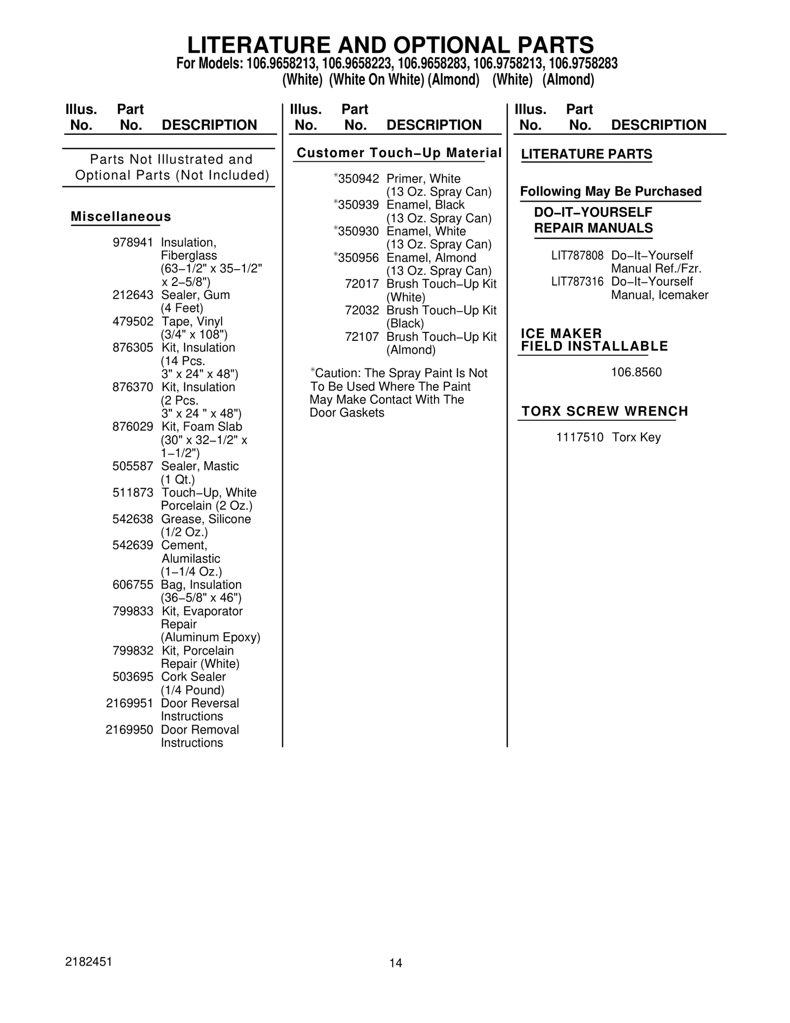 LITERATURE AND OPTIONAL PARTS