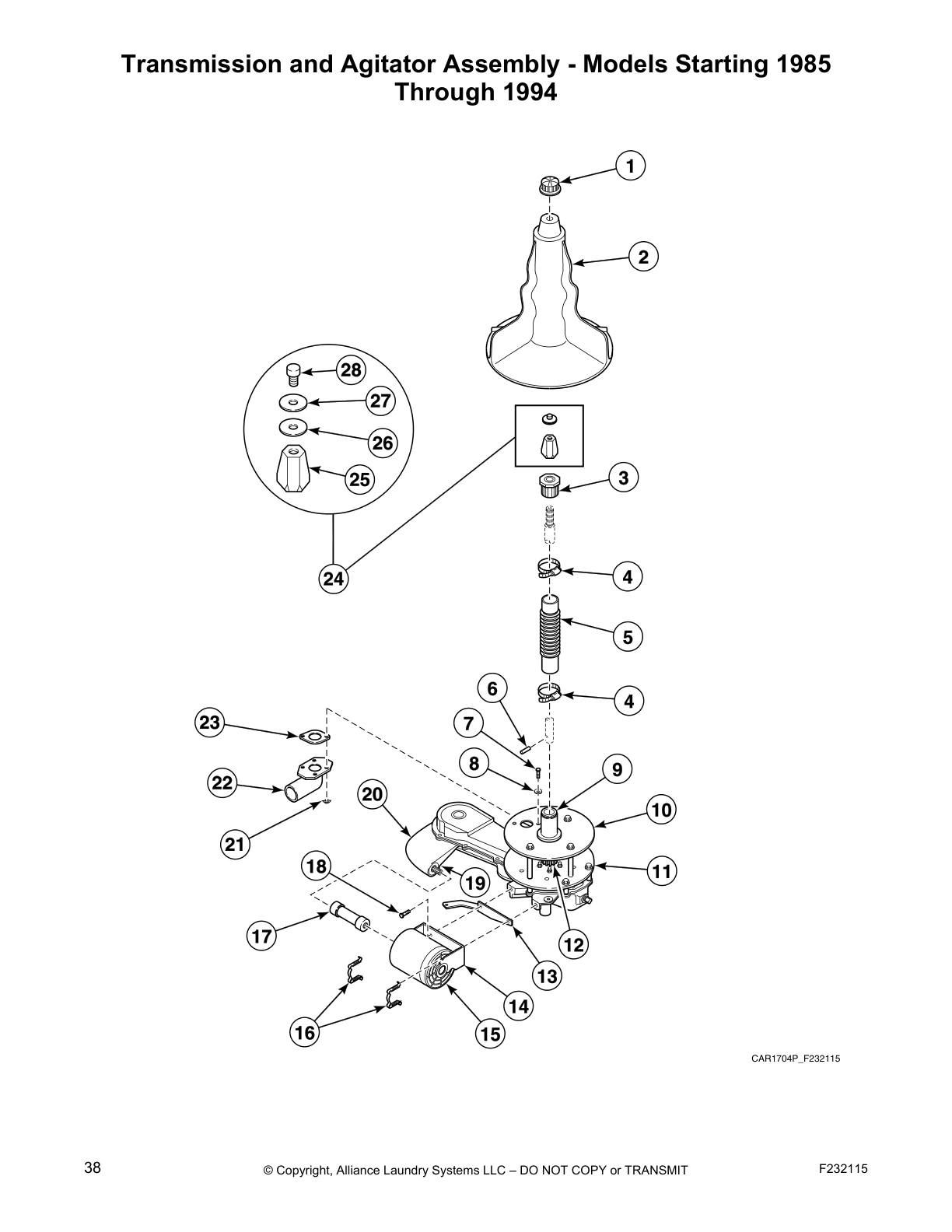 Transmission and Agitator Assembly - Models Starting 1985
Through 1994