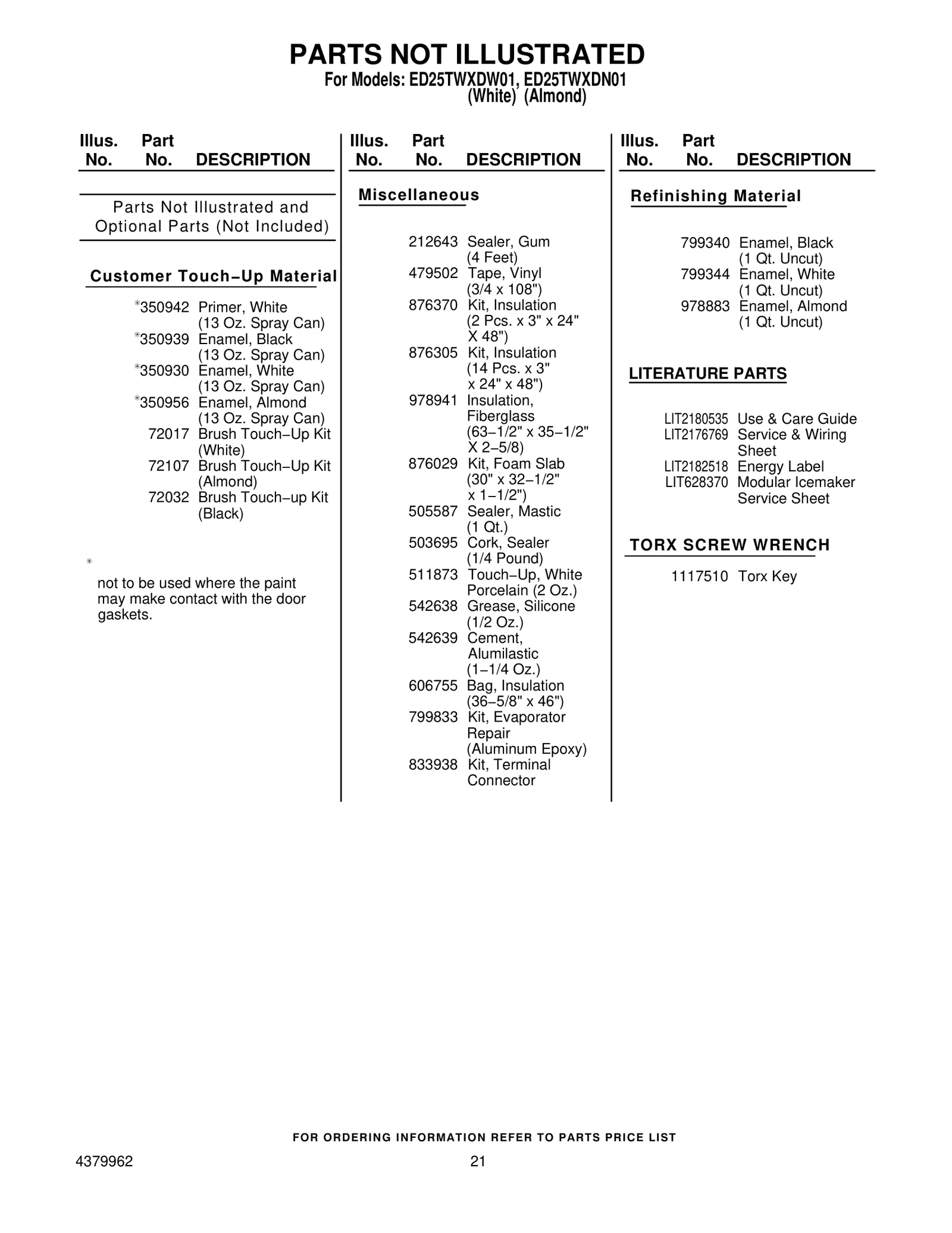 Optional Parts (Not Included)