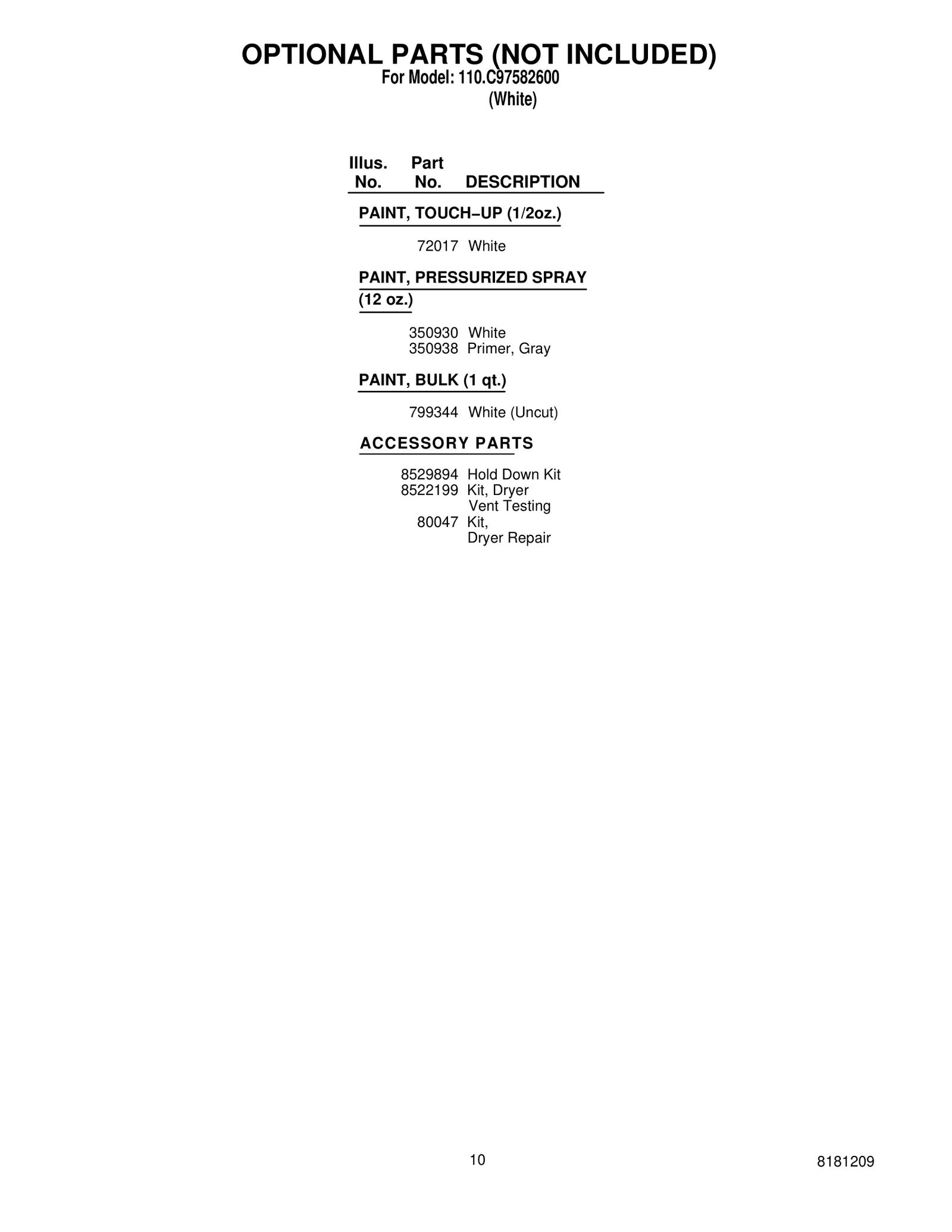 OPTIONAL PARTS (NOT INCLUDED)