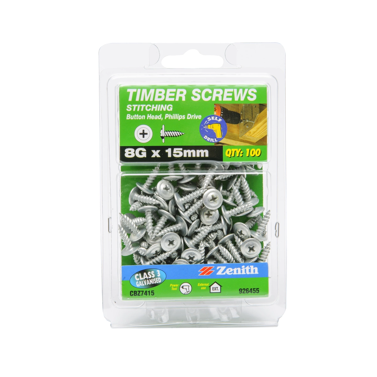 ZENITH® 8G x 15mm Class 3 Galvanised, Phillips Drive, Stitching Screws – External Use – 100 Pack