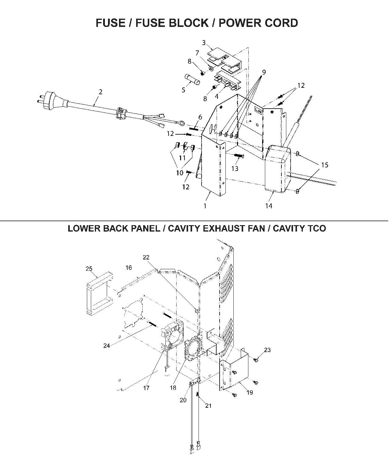 Fuse / Fuse Block / Power Cord /Lower Back Panel / Cavity Exhaust Fan / Cavity TCO