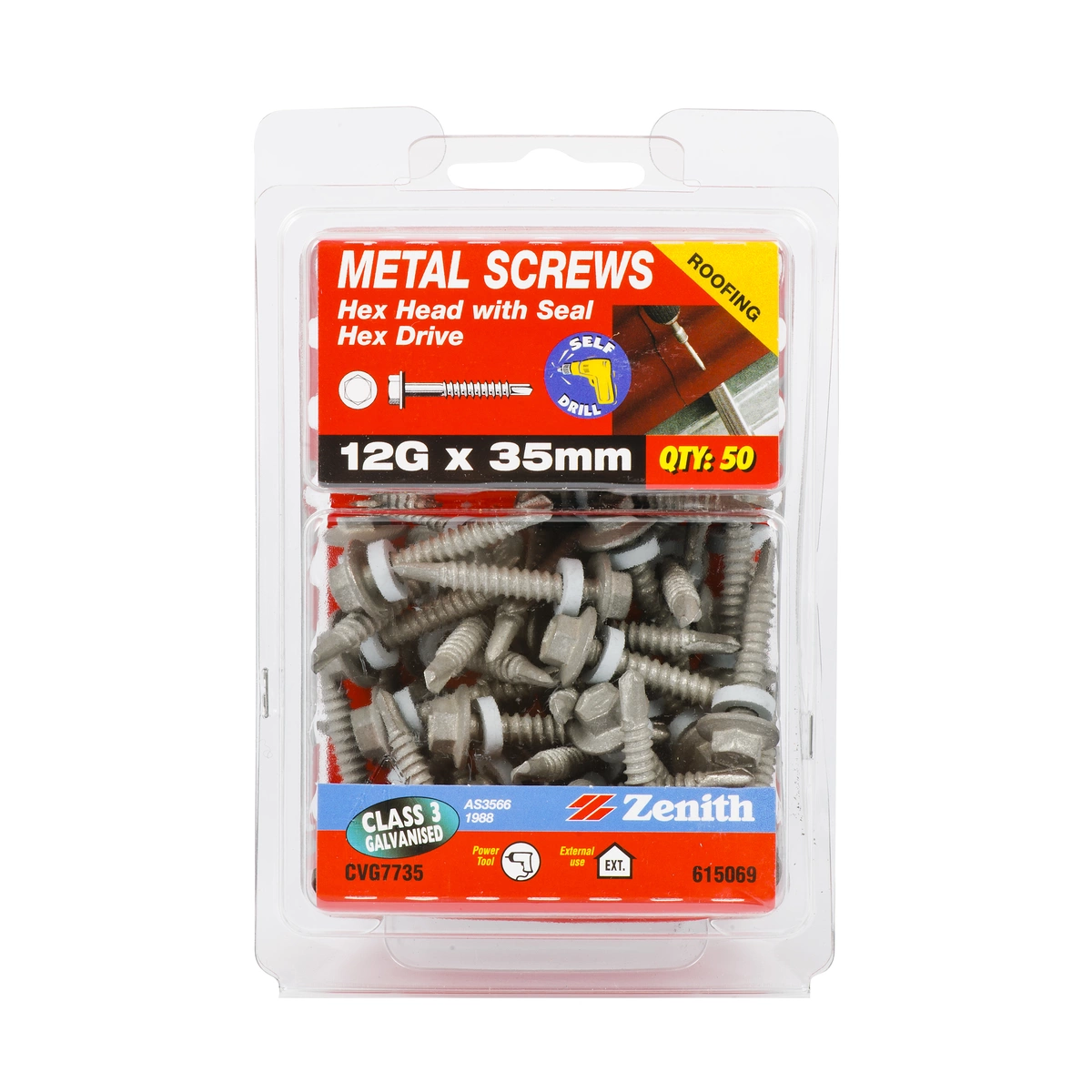 ZENITH® 12G x 35mm Class 3 Galvanised, Self Drilling, External Hex Drive, Cladding & Roofing Screws with Seal – External Use – 50 Pack