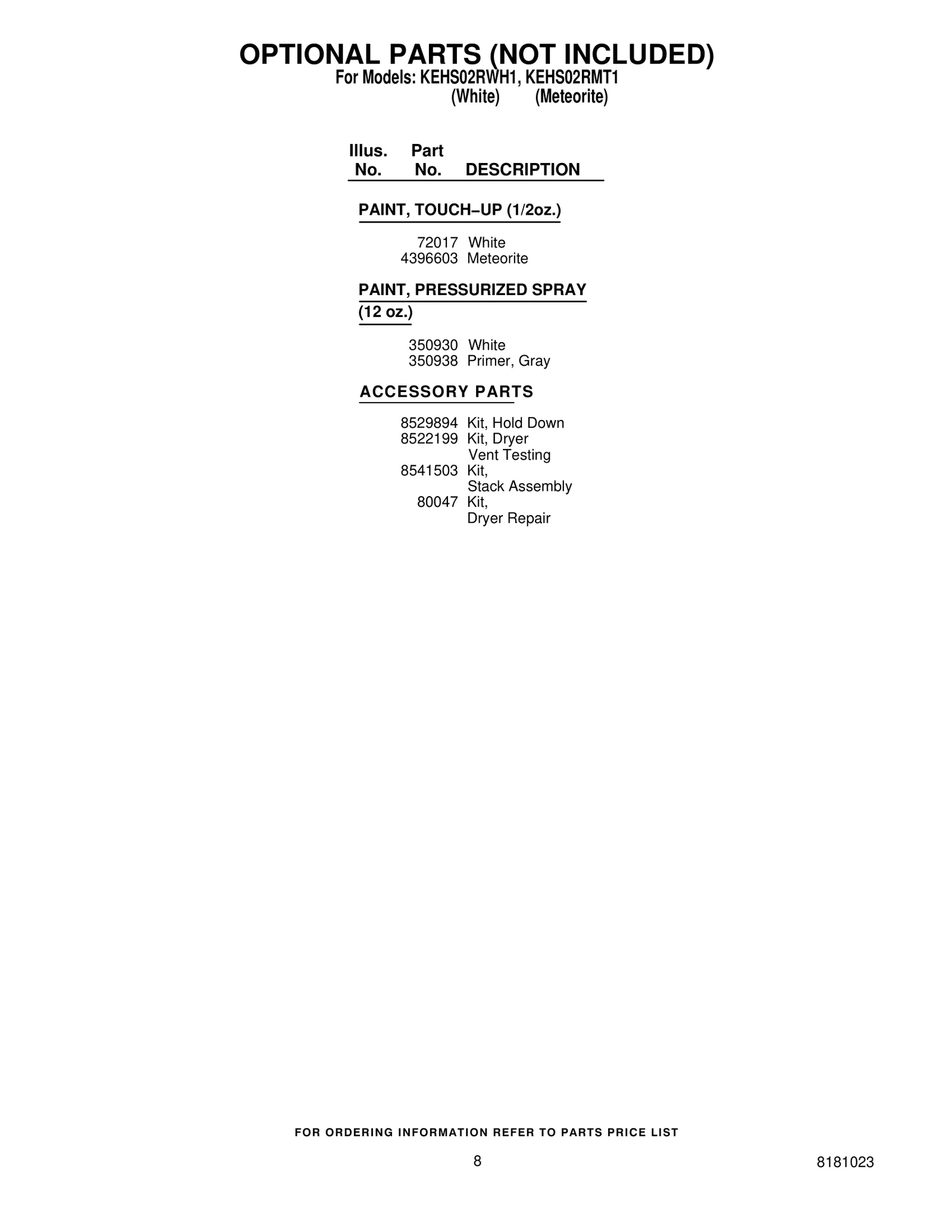 OPTIONAL PARTS (NOT INCLUDED)