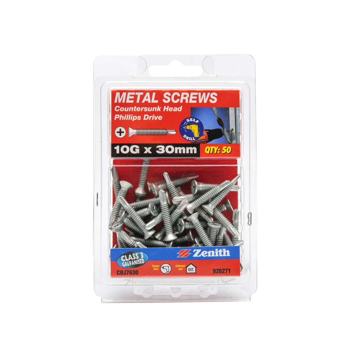 ZENITH® 10G x 30mm Class 3 Galvanised, Self Drilling, Phillips Drive, Countersunk Head, Metal Screws – External Use – 50 Pack