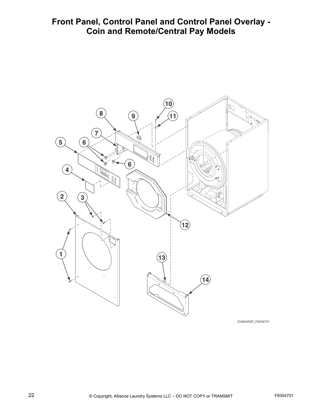 Front Panel, Control Panel and Control Panel Overlay -
Coin and Remote/Central Pay Models