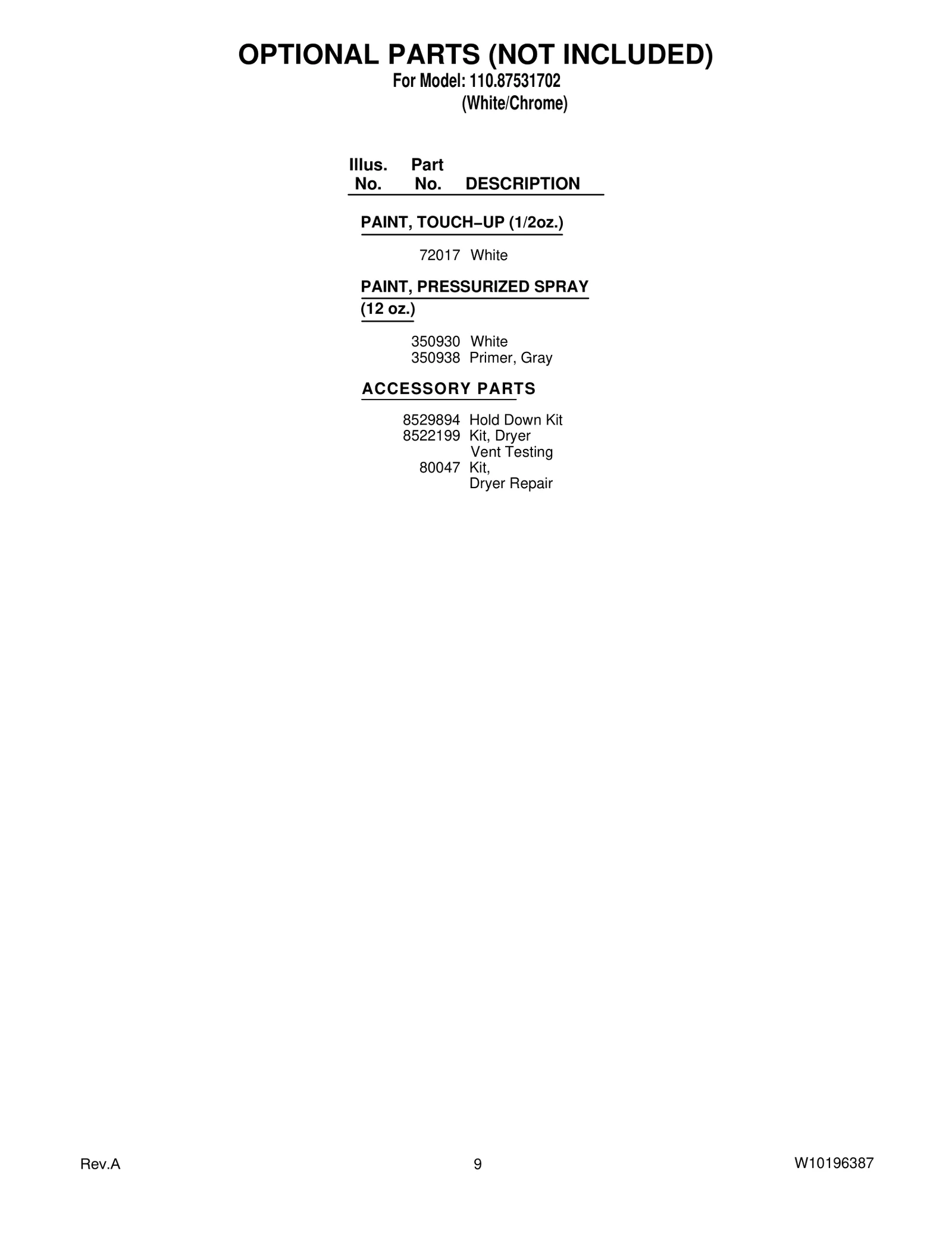 OPTIONAL PARTS (NOT INCLUDED)