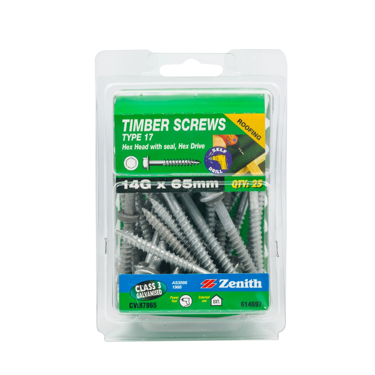 ZENITH® 14G x 65mm Class 3 Galvanised, External Hex Drive, Cladding & Roofing Screws with Seal – External Use – 25 Pack