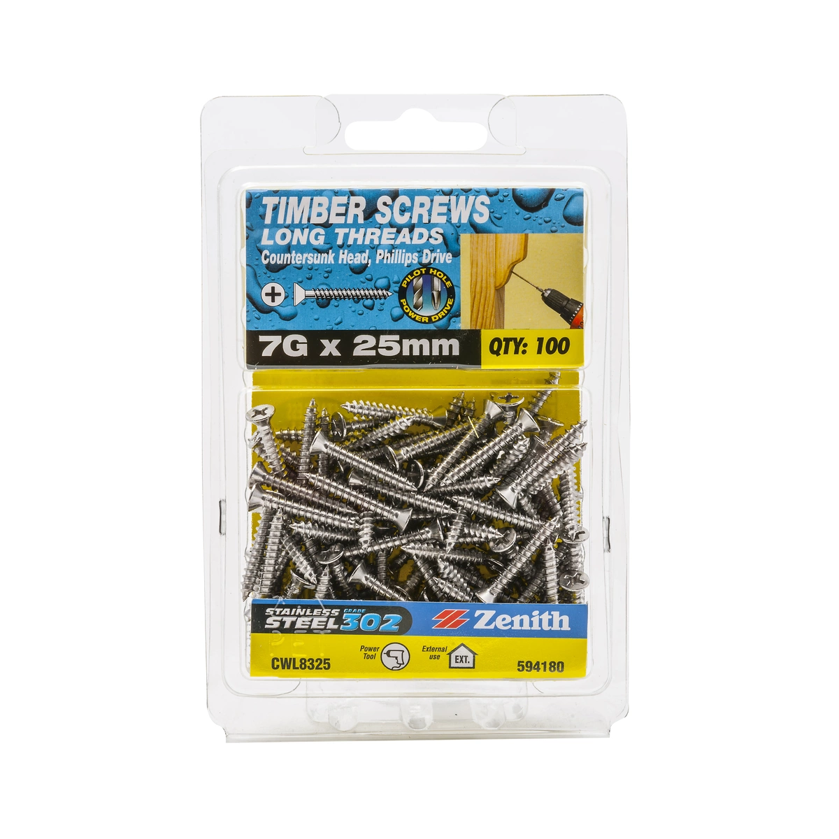 ZENITH® 7G x 25mm 304 Stainless Steel, Phillips Drive, Timber Screws – External Use – 100 Pack