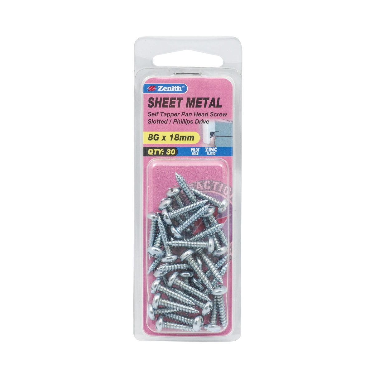 ZENITH® 8G x 18mm Zinc Plated, Self Tapping, Combination Drive, Sheet Metal Screws – Internal Use – 30 Pack