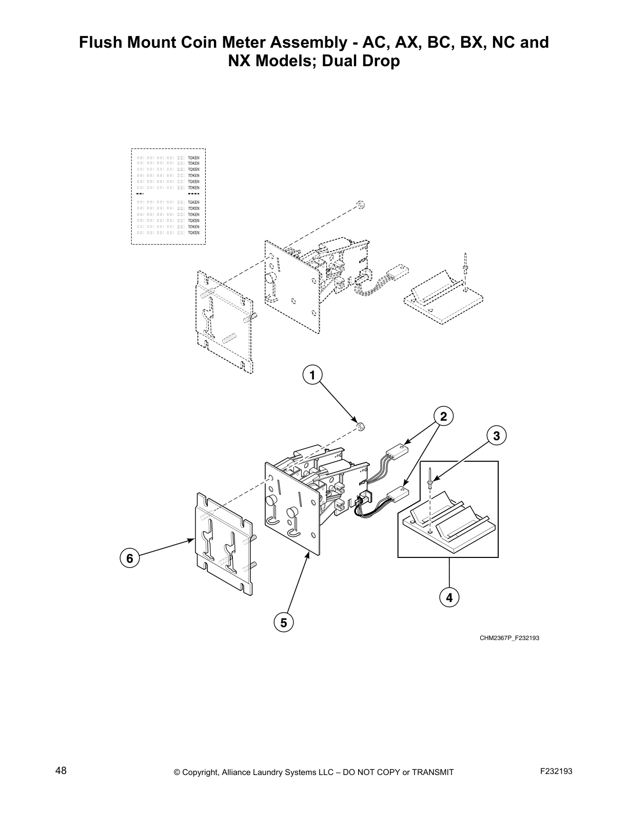 Flush Mount Coin Meter Assembly - AC, AX, BC, BX, NC and
NX Models; Dual Drop