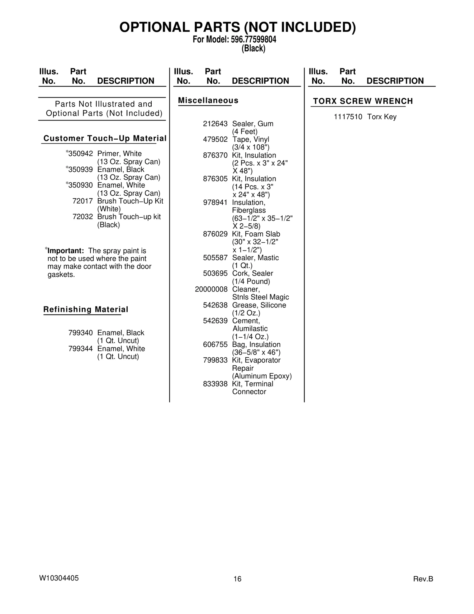 OPTIONAL PARTS (NOT INCLUDED)