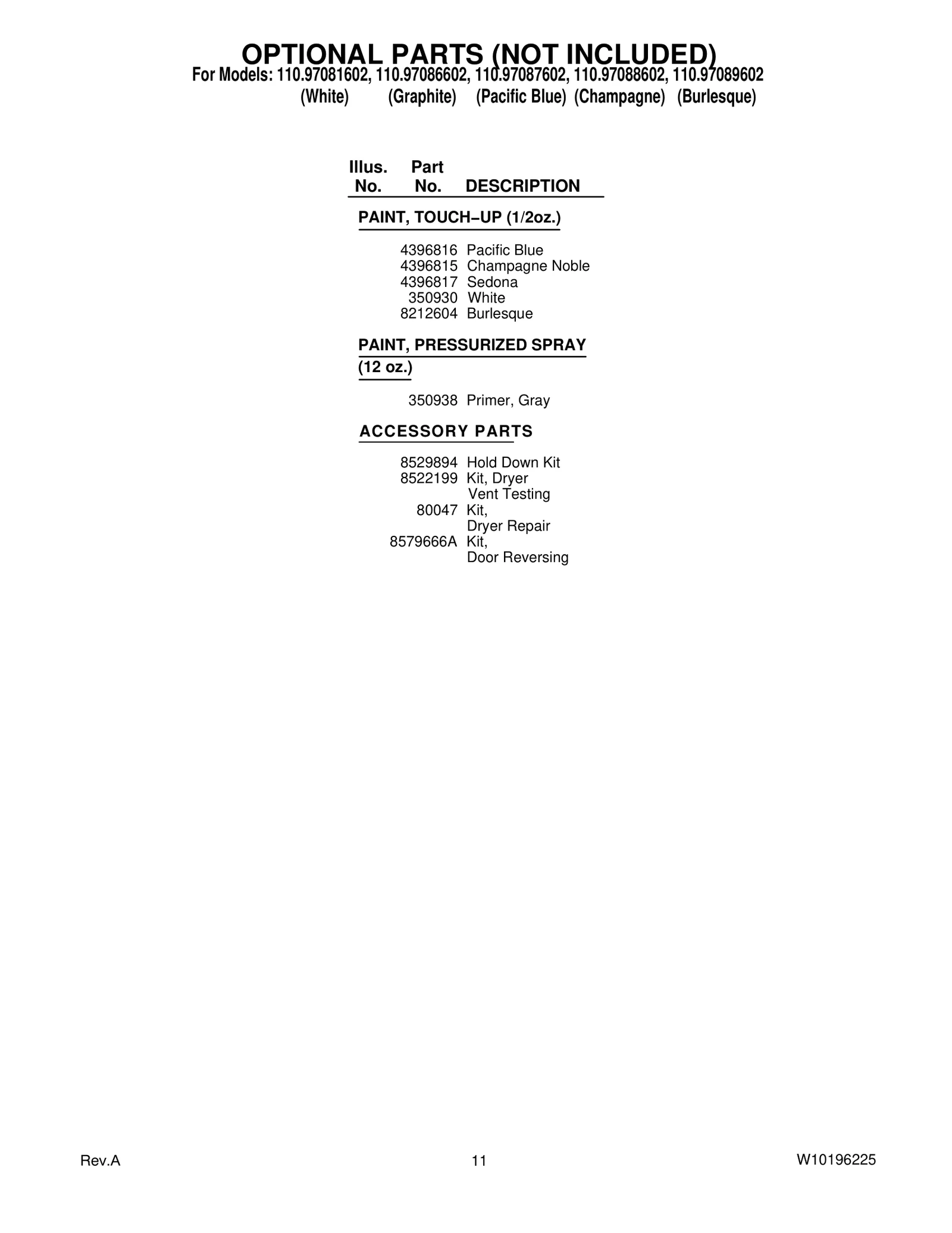 OPTIONAL PARTS (NOT INCLUDED)