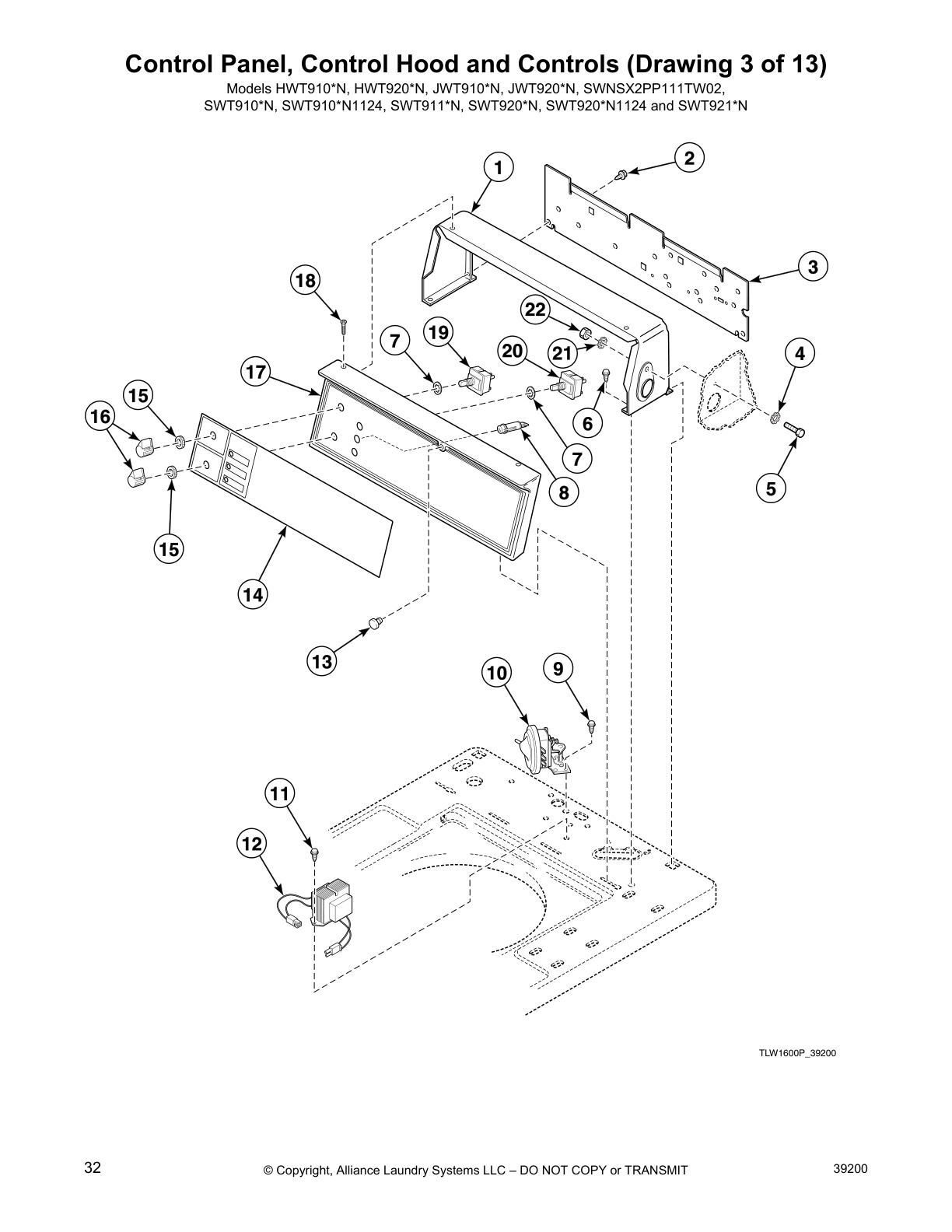 Control Panel, Control Hood and Controls (Drawing 3 of 13)