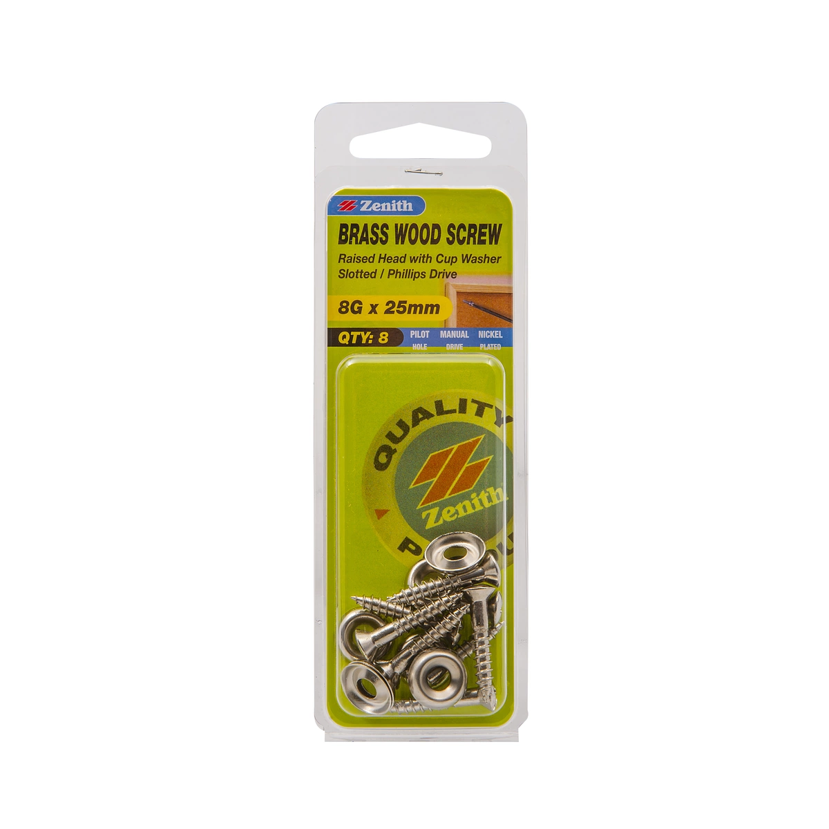 ZENITH® 8G x 25mm Nickel Plated, Combination Drive, Wood Screws – Internal Use – 8 Pack