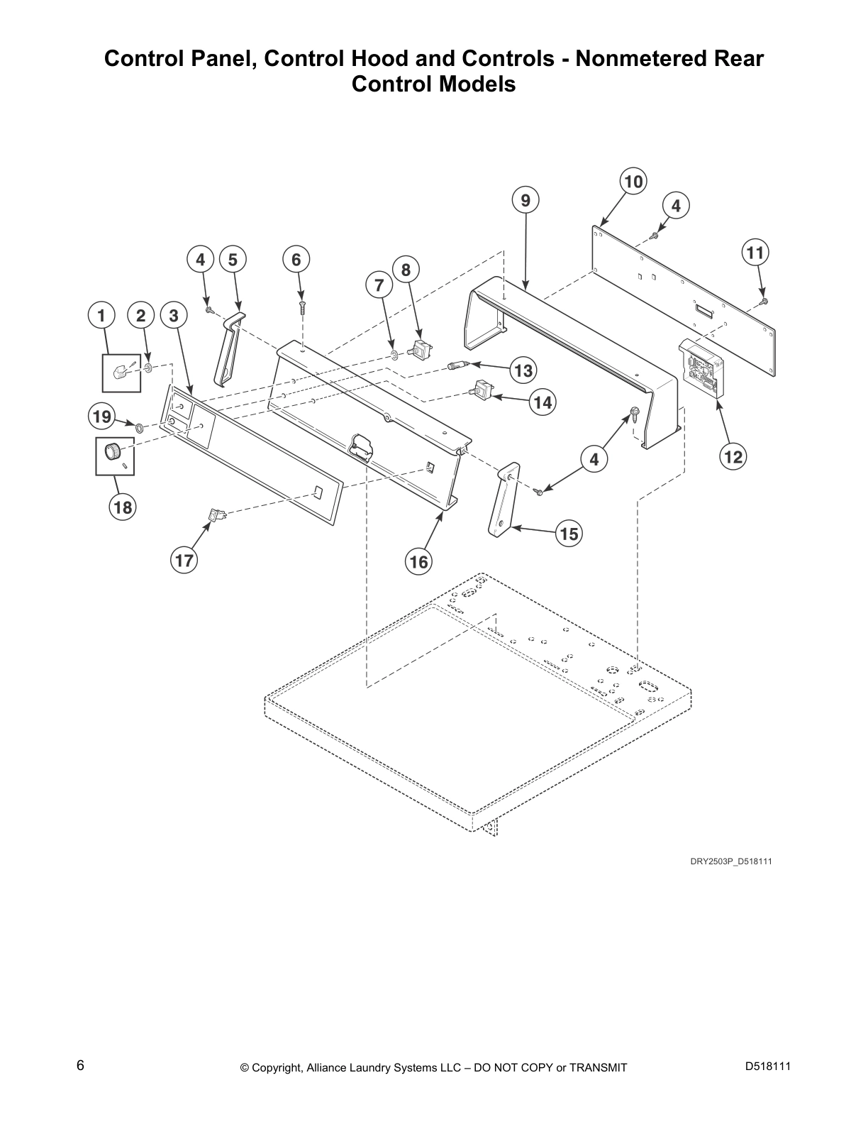 Control Panel, Control Hood and Controls - Nonmetered Rear 
Control Models