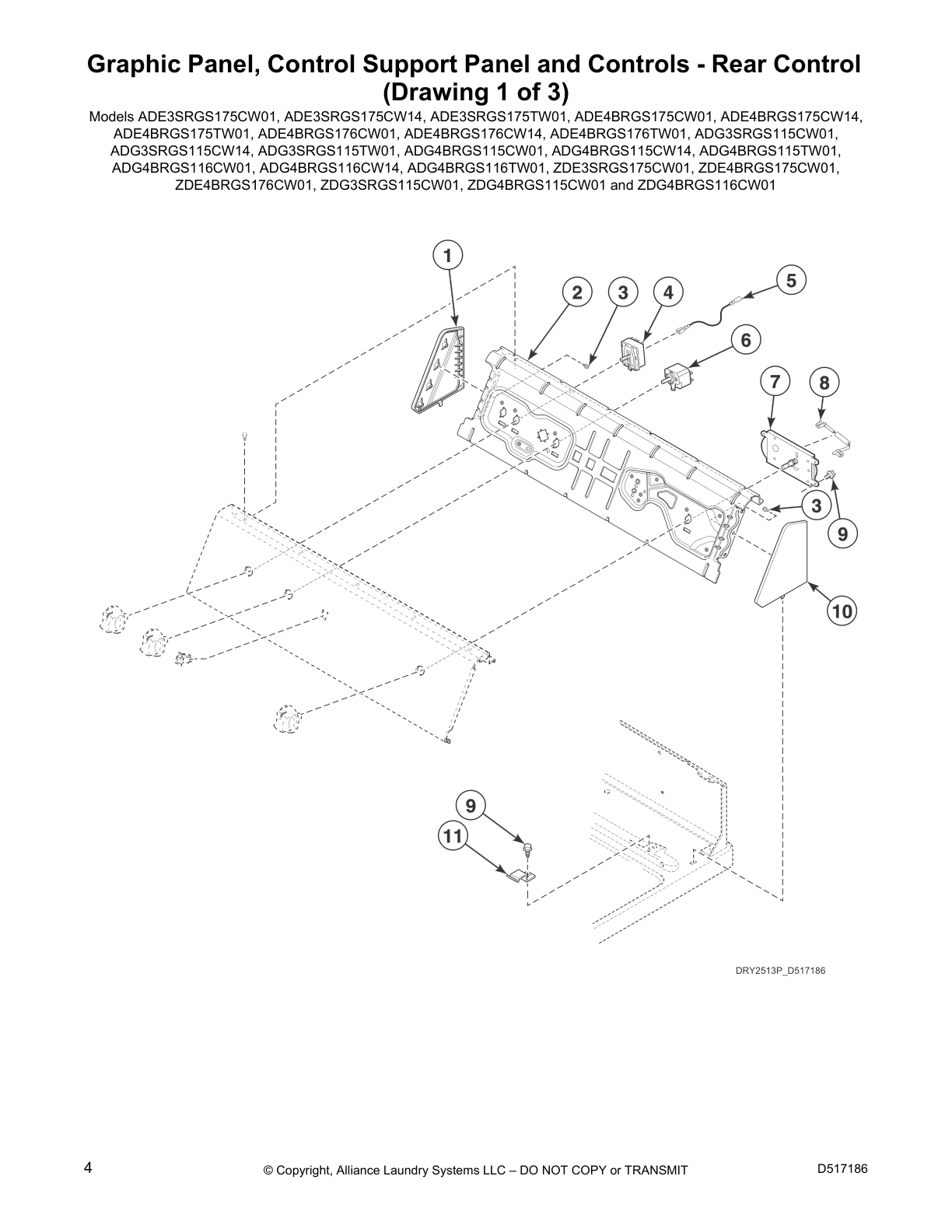 Graphic Panel, Control Support Panel and Controls - Rear Control 
(Drawing 1 of 3)