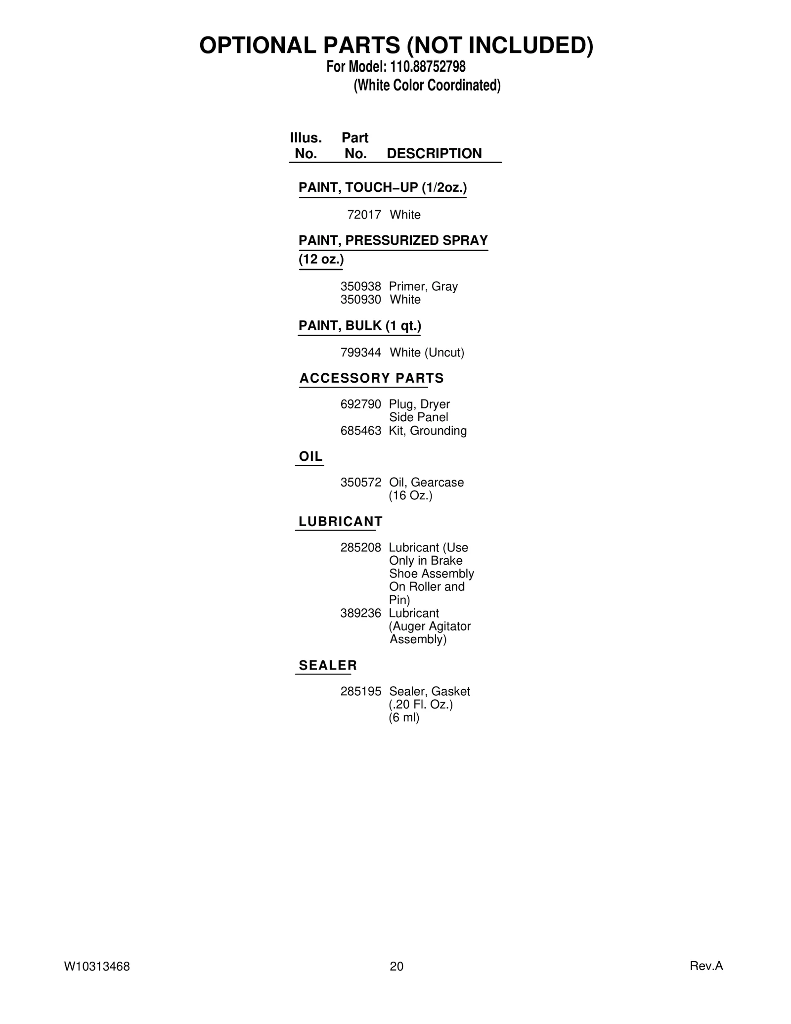 OPTIONAL PARTS (NOT INCLUDED)