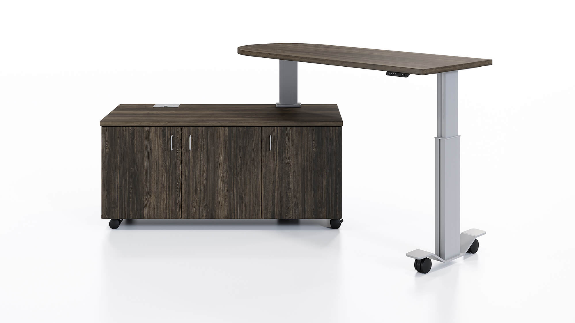 Right handed Samara rotating electric height adjustable workstation from RightAngle shown in 145 degree angle standing position.