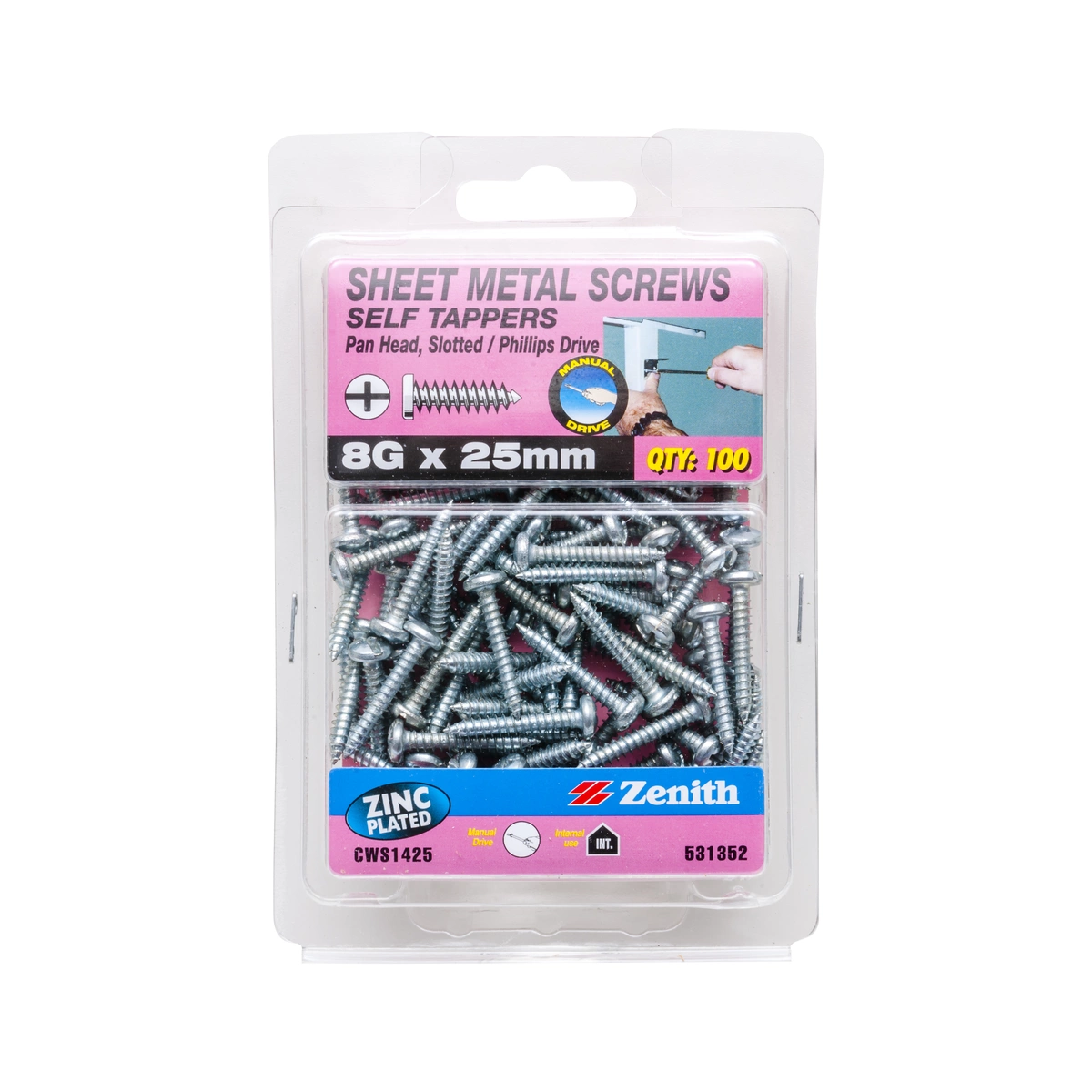 ZENITH® 8G x 25mm Zinc Plated, Self Tapping, Combination Drive, Sheet Metal Screws – Internal Use – 100 Pack