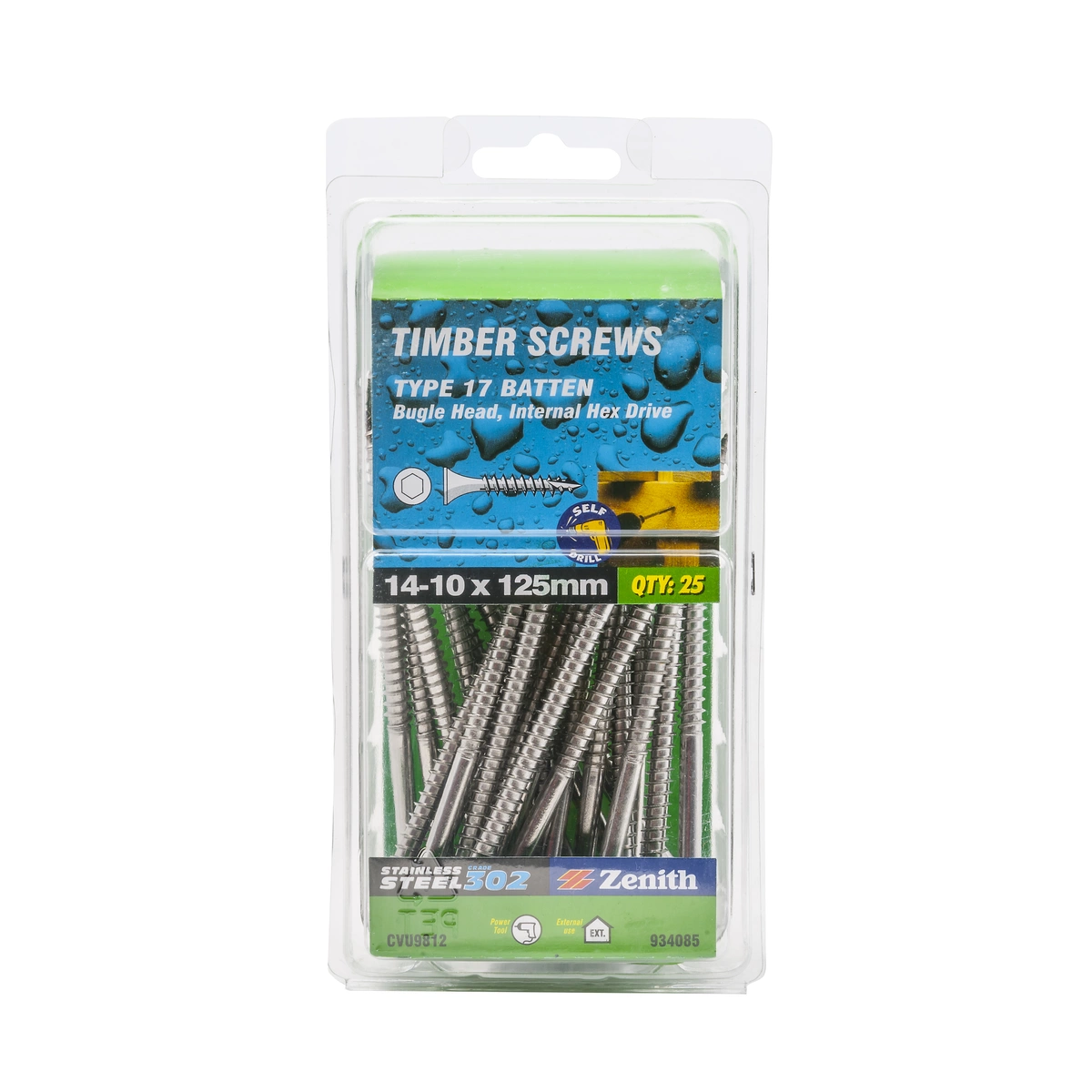 ZENITH® 14G x 125mm 304 Stainless Steel, Self Drilling, Internal Hex Drive, Bugle Batten Screws – External Use – 25 Pack