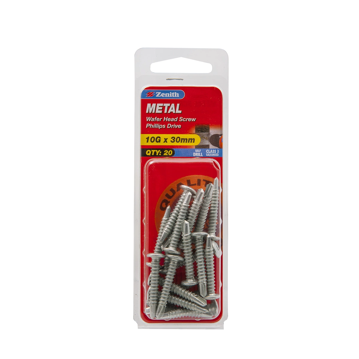 ZENITH® 10G x 30mm Class 3 Galvanised, Self Drilling, Phillips Drive, Wafer Head, Metal Screws – External Use – 20 Pack